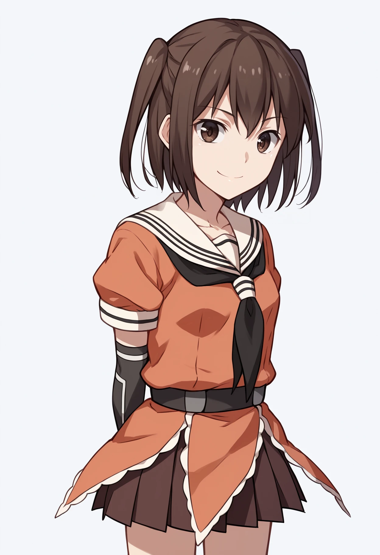 score_9, score_8_up, score_7_up, score_6_up, score_5_up, score_4_up, BREAK, source_anime,
1girl, sendai \(kancolle\), bangs, brown eyes, brown hair, two side up, short hair,
neckerchief, elbow gloves, loafers, pleated skirt, sailor collar, school uniform, serafuku,
arms behind back, smile, looking at viewer, solo, simple background, white background    <lora:SendaiXL:1>