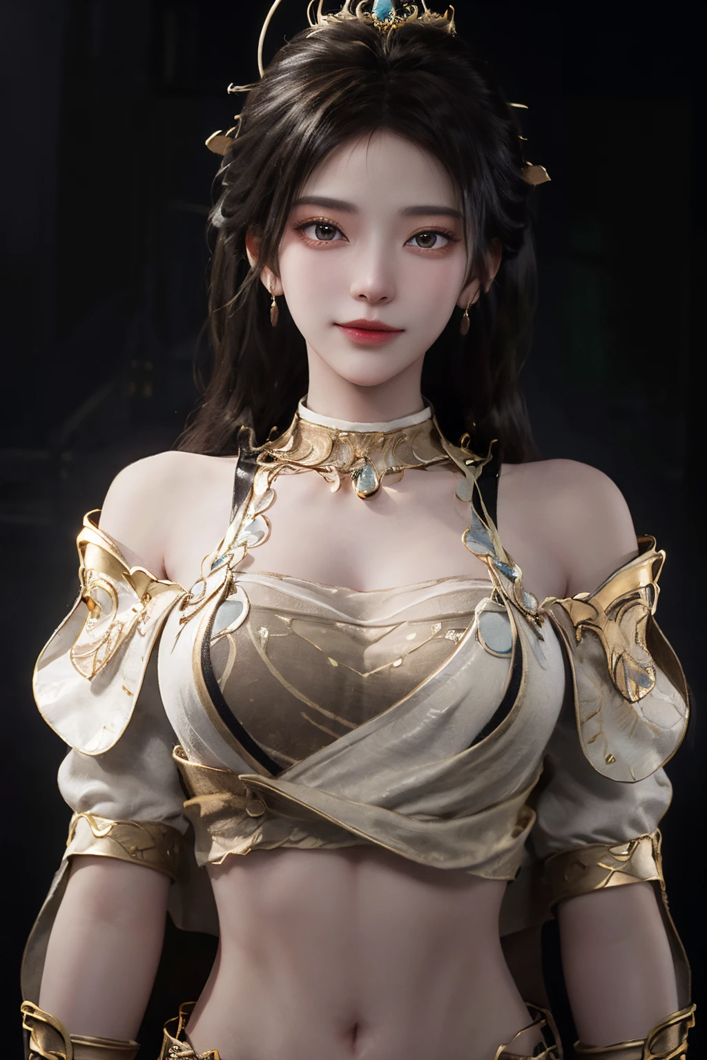 <lora:yaoxi:1>,shengnv,1girl,jewelry,solo,navel,bracelet,long hair,earrings,forehead mark,midriff,hair ornament,facial mark,simple background,realistic,looking at viewer,brown hair,breasts,brown eyes,bare shoulders,smile,upper body,black hair,bare shoulders,bare shoulders,(simple background:1.7),(black background:1.1),, best quality , masterpiece, illustration, an extremely delicate and beautiful, extremely detailed ,CG,unity,8k wallpaper, Amazing, finely detail, masterpiece, best quality,official art,extremely detailed CG unity 8k wallpaper,absurdres, incredibly absurdres, huge filesize , ultra-detailed, highres, extremely detailed,beautiful detailed girl, extremely detailed eyes and face, beautiful detailed eyes,light on face,