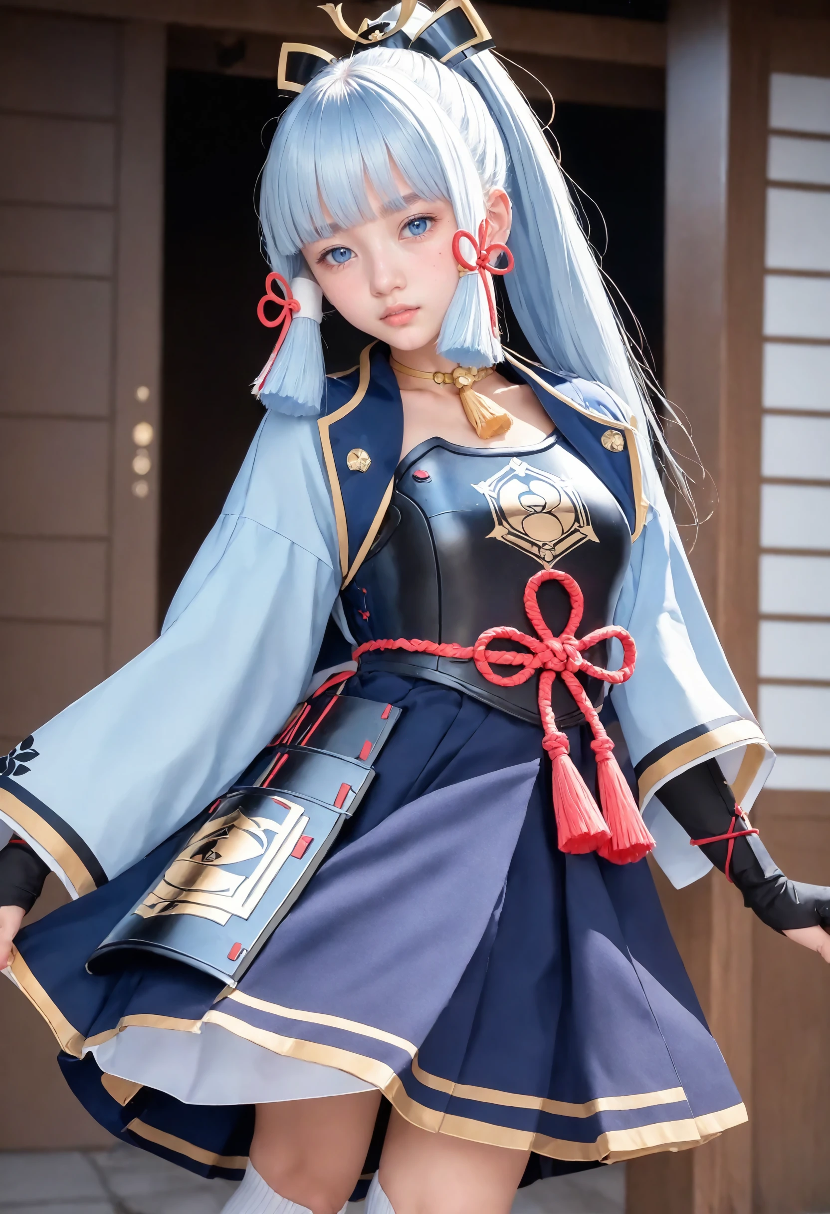 1girl, solo,
(Best quality:1.0),(masterpiece:1.2),photorealism,
(detail face:1.2),
looking at viewer,
BREAK
shrine,
20yo,knee up
cowboy shot,
<lora:kamisato_ayaka_RPO_V1_0-000008:0.5>,
kamisato_ayaka, long hair,blue eyes,hair ornament,hair ribbon, blue hair,ponytail, sidelocks,blunt bangs, mole under eye,light blue hair,
base_cos, skirt, gloves, armor, tassel, breastplate,armored dress,japanese armor,
japanese clothes,
white socks, tabi,