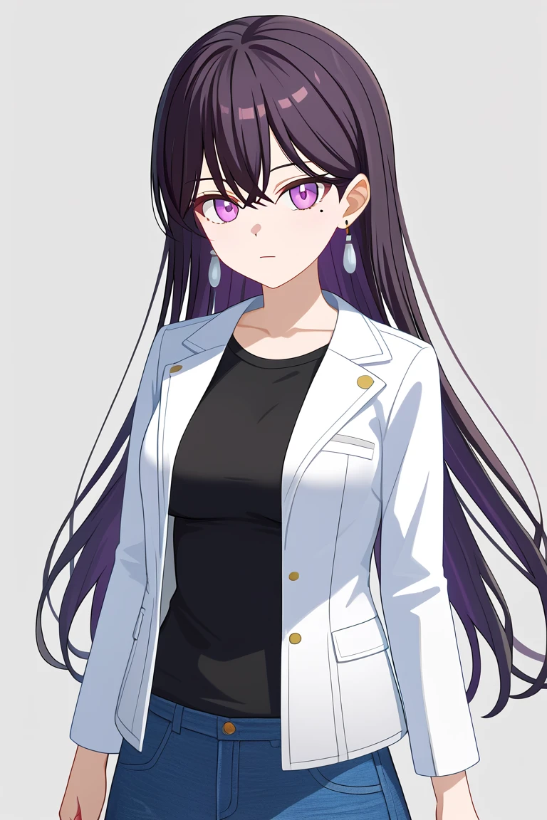<lora:Shiina_Taki_PonyXL:1>, shiina taki, 1girl, solo, long hair, black hair, purple eyes, mole under eye, mole, bangs, simple grey background, aged up, medium breasts, cowboy shot, white jacket, black shirt, denim skirt, earrings, jewelry,, best quality, masterpiece, highres,