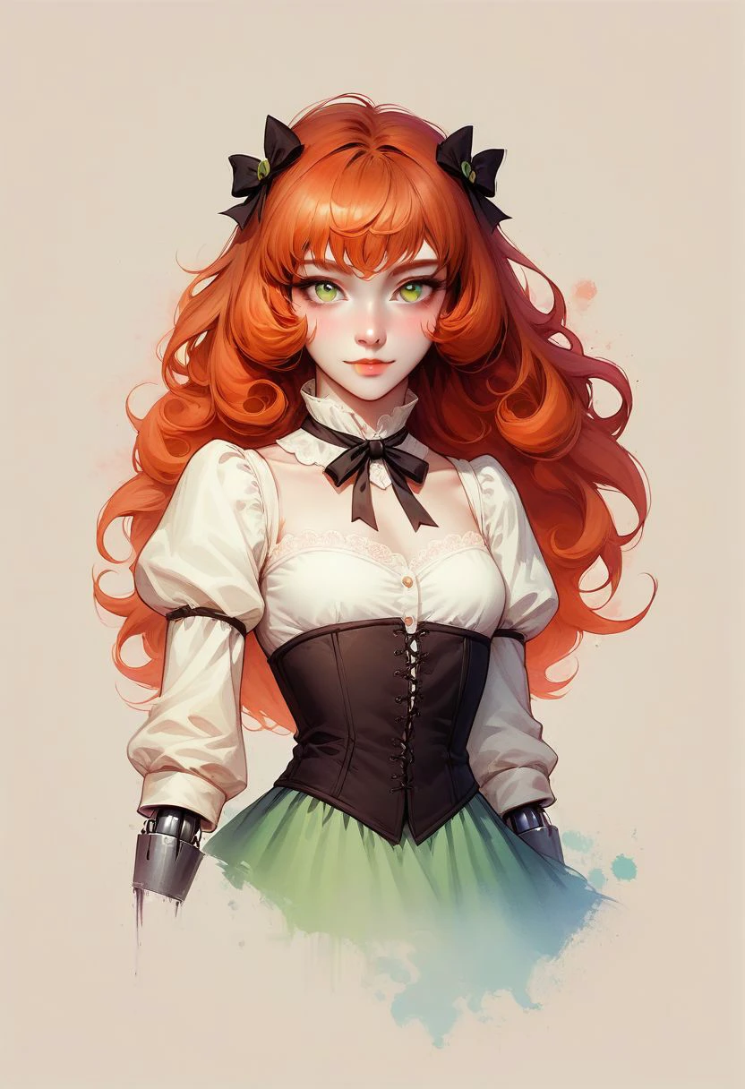 Faded Headshot, faded bottom, faded edges ,score_9,score_8_up,score_7_up,score_6_up,score_5_up,
1girl, Penny Polendina, \(RWBY\),(ultra HD quality details), green eyes, ginger hair,
long hair, 
neck ribbon, suspender skirt, corset, white blouse, long sleeves, mechanical legs, neon trim, black bow,
perfect anatomy, perfect face, abstract beauty, beautiful, centered, looking at the camera, approaching perfection, dynamic, moonlight, highly detailed, watercolor painting, artstation, concept art, smooth, sharp focus, illustration, 
small breasts,