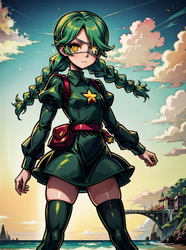 masterpiece, best quality, sgannie, 1girl, yellow eyes, eyepatch, green hair, braid, twin braids, green dress, dress, long sleeves, puffy sleeves, belt, pouch, belt pouch, star, white bloomers, green thighhigh, boots, green boots, zettai ryouiki, standing, expressionless, beach <lora:annie-v2:1>