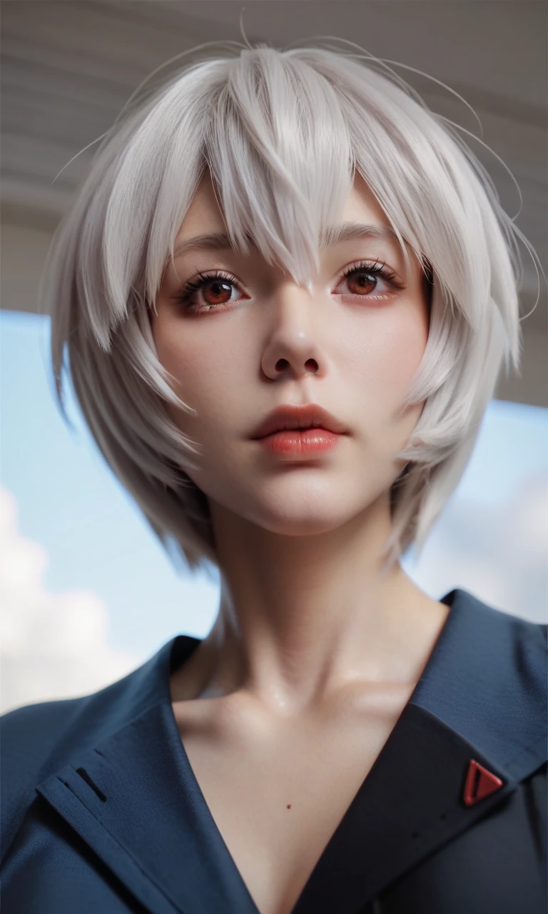 score_9, score_8_up, score_7_up, best quality, masterpiece, realistic, Rei Ayanami, mysterious pilot, white hair, red eyes, from belowï¼è¶³åããã®ç½ã, close up:2.0