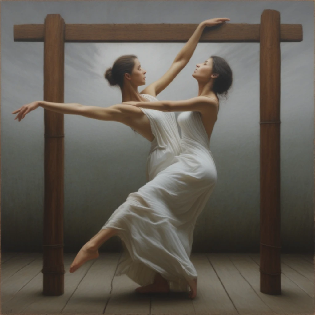 creating a sense of depth and atmosphere around the central figure. The painting has a realistic yet slightly ethereal quality, The image depicts a graceful female figure with outstretched arms, appearing to dance or float against a background of large, with the woman leaning back against a wooden post or beam behind her. The couple's faces are not fully visible, and the exploration of the human condition through symbolic and imaginary elements.​​​​​​​​​​​​​​​​