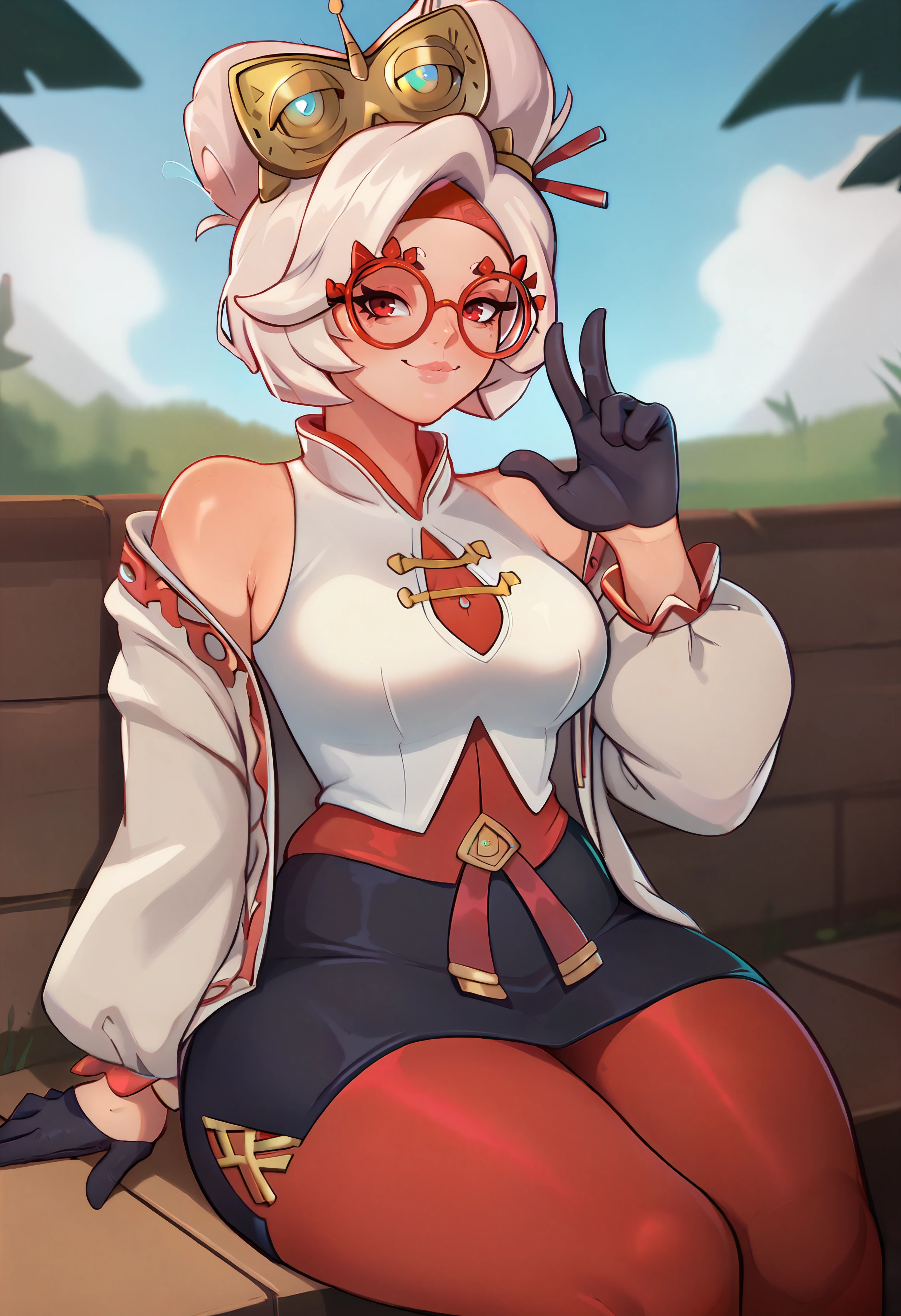 score_9, score_7_up BREAK <lora:purah-pdxl-nvwls-v1:0.8> outdoors,1girl,purah,hair ornament, red headband, red glasses, sleeveless shirt, white coat, black skirt, red leggings, gloves,smug, closed mouth,looking at viewer,lips,sitting,gesture,thick thighs <lora:mixplin_pd:1>