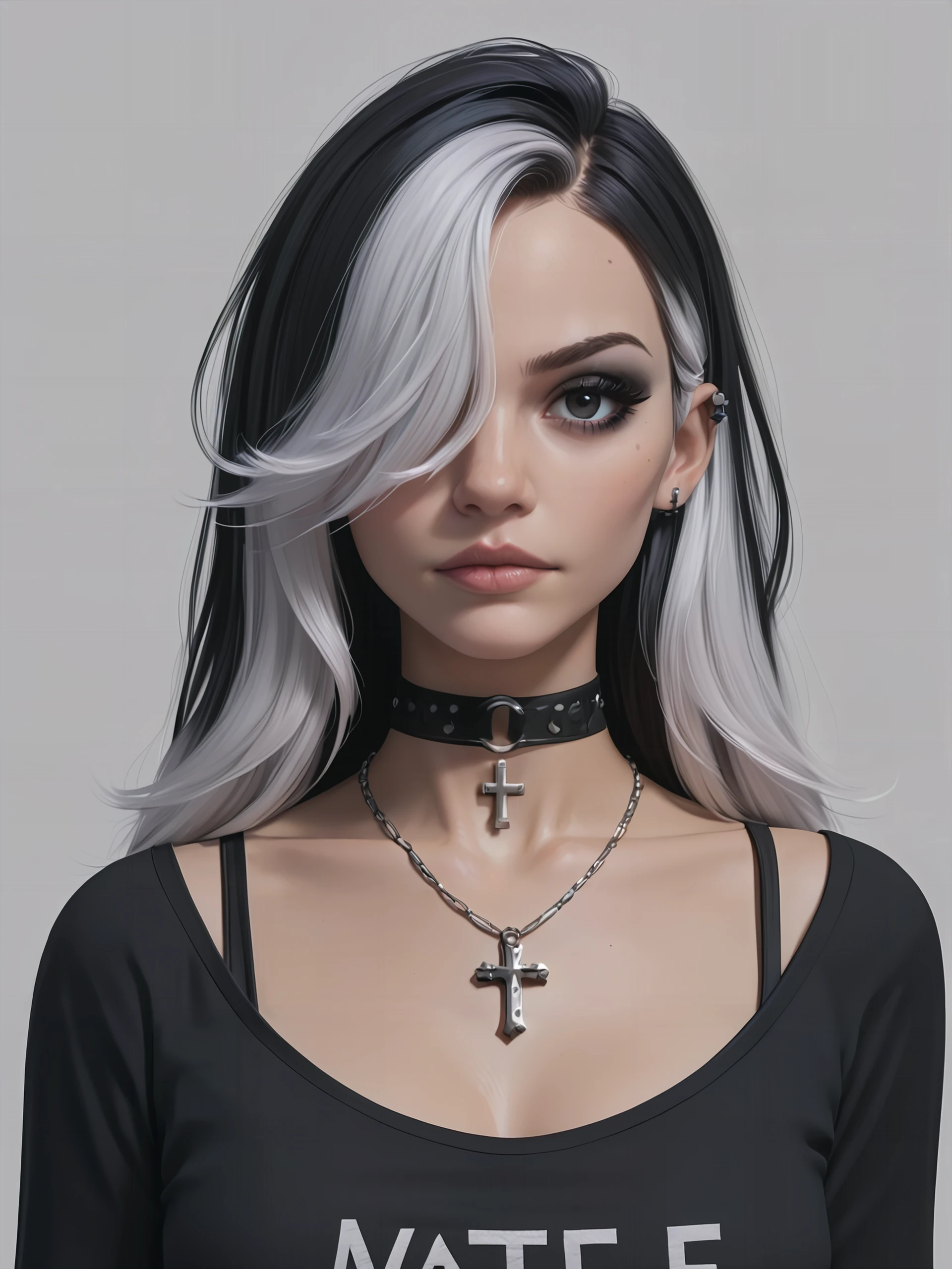 (masterpiece, high detail, high quality, best quality, detailed), Goth girl, 1girl,solo,long hair,looking at viewer,simple background,black hair, jewelry,white hair,multicolored hair,choker,black eyes,grey background,necklace,(hair over one eye),two-tone hair,cross,portrait