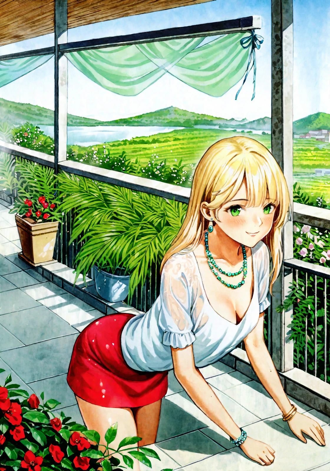 (1girl), (aqua), 25 years old, (detailed face), ((masterpiece)), ((extremely detailed eyes)), ((best quality)), (realistic proportion), ((8k_wallpaper)), (from above:1.1), ((extremely detailed village background)), ((blonde hair)), ((red short dress)), thick edge, (laying), luxury suite, (fluttered confetti), elegant pose, (illustration), wild wimp, thigh tight, (shadow stitch), cleavage, beautiful eyeshade, ancient kingdom, powerful, charming smile, draped of transparent fabrics, ((shiny green eyes)), precious necklace and earrings and bracelets, crystalize sky, blushing, morning, mist, balcony, (flowers), (overgrown plants), <lora:Old_Magazine_Illustrastion-0:1>, <lora:negativeXL_D:1>