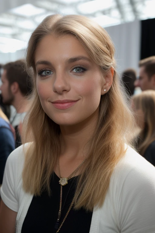 candid portrait of a beautiful woman, photo, stunning face, at the comic con convention, crowded, people in the background, 8k uhd