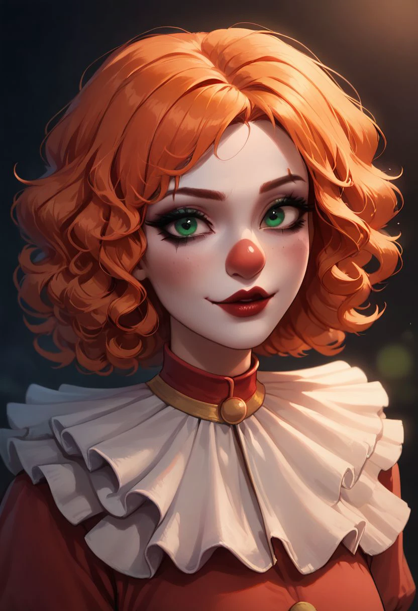 (((beautiful, high quality))), upper Body, score_9, score_8_up, score_7_up, 
looking at the viewer, posing, 
Clown, Clown makeup, clown costume, colorful clown costume, red clown nose, 1girl, ginger curly hair, green eyes,
dark background, blurred background,