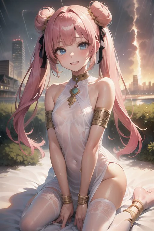 intricate details, finely detailed, <lora:Add Detail:0.4>, (masterpiece), best quality, high resolution, highly detailed, detailed background, (girl with long pink hair with buns and twintails with blue eyes), thin, small size, (curved), (armlets with intricate details), wet white shirt, little white panties,  ((((landscape of a storm at the seaside with sprays of fire and city and rain)))), noon, (very sunny), (birds), (ray of lights), smiling  happy, having fun, laughing, colorful backgrounds, close up,  ((small breasts)), blunt bangs,  st_sally, moss, vines, trees,