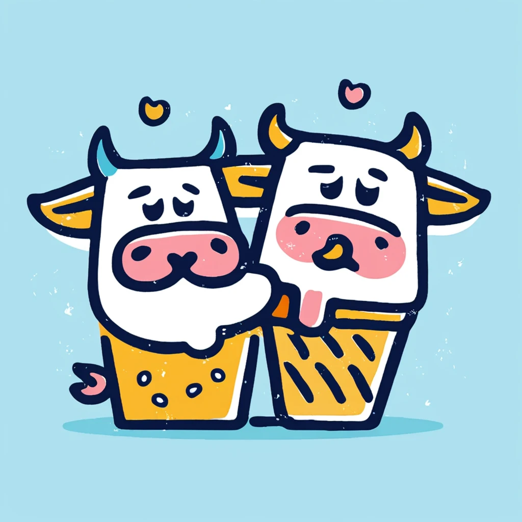 abstract style, Brand Identity Design, Cows, ice cream, white background, Cartoon characters, Minimalist lines,non-representational, colors and shapes, expression of feelings, imaginative, highly detailed,