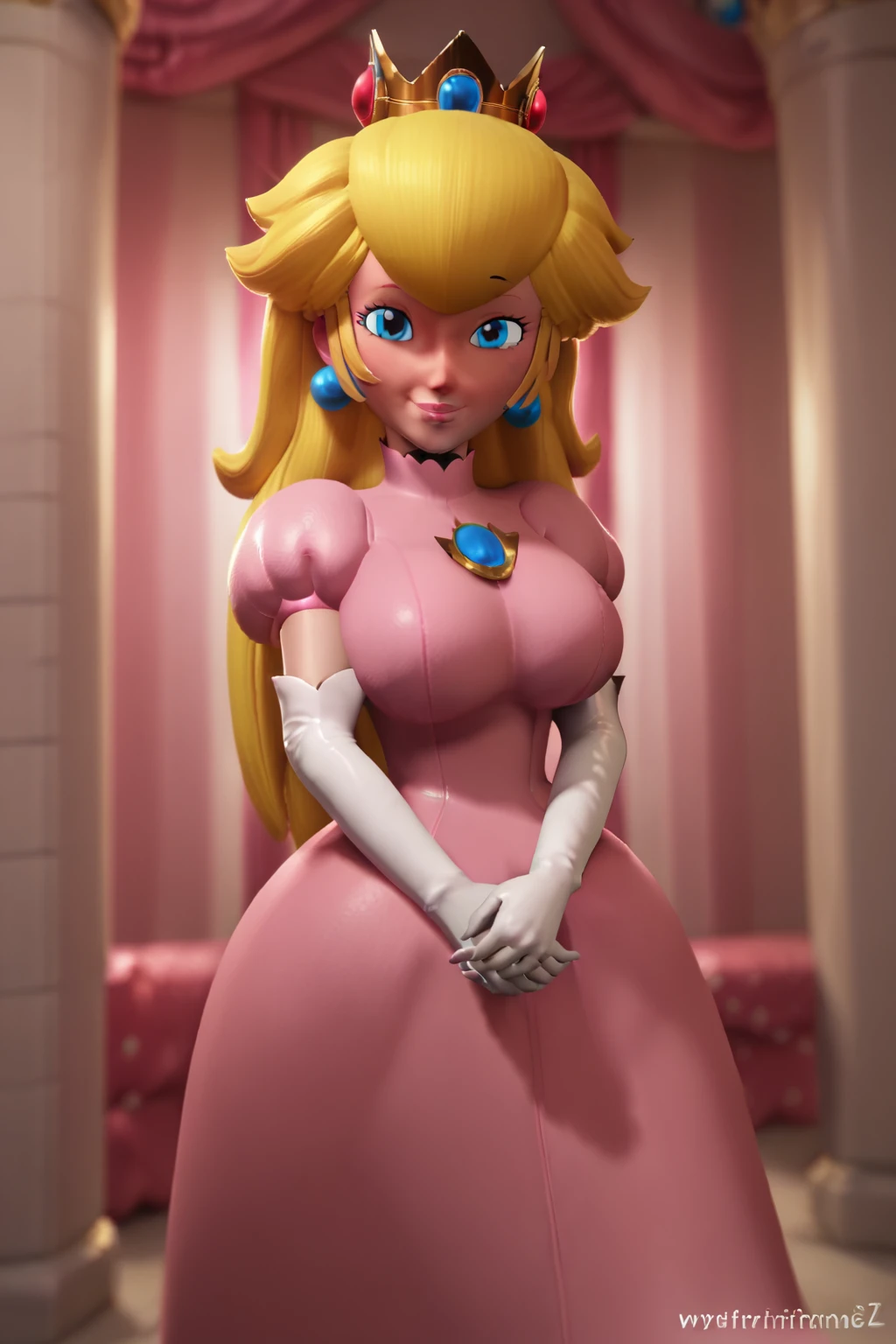 pov, princess peach, two-handed handjob, stroking penis, looking at viewer, throbbing penis, hairy penis, smug grin