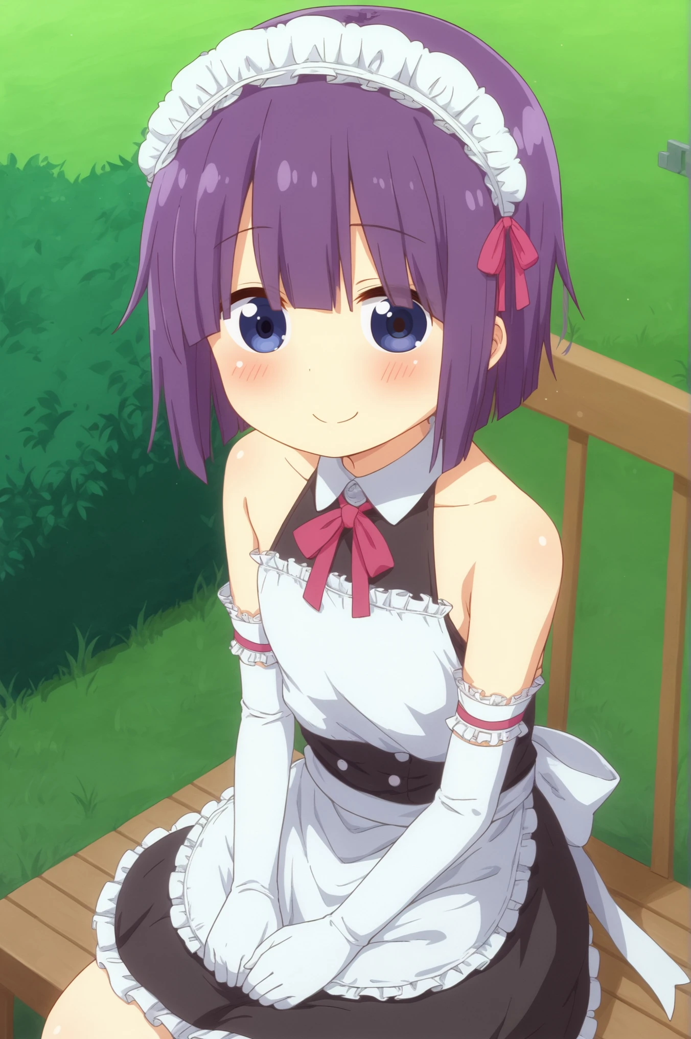 <lora:Shouta_Magatsuchi:0.7> Shouta Magatsuchi, solo, looking_at_viewer, blush, smile, gloves, ribbon, closed_mouth, bare_shoulders, detached_sleeves, elbow_gloves, white_gloves, apron, maid, maid_headdress, outdoors, sitting <lora:sdxl_lightning_4step_lora:1>