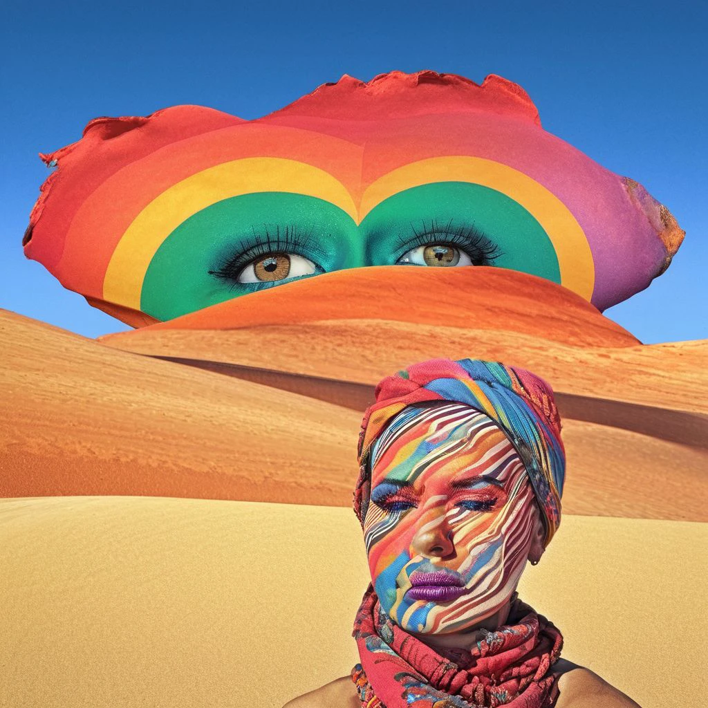 portrait, woman, desert, sky, colorful