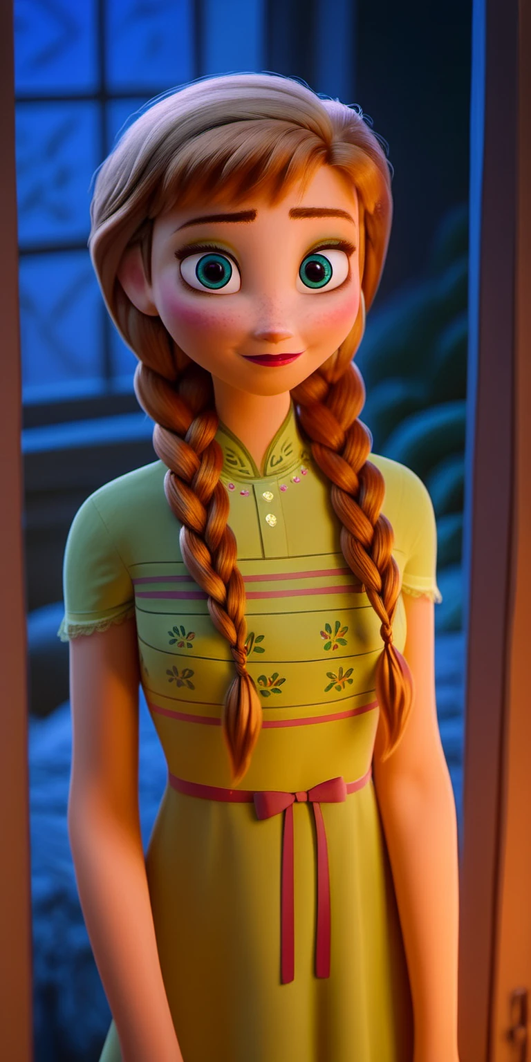 score_9, score_8_up, score_7_up, score_6_up, score_5_up, anna \(frozen\),,double braids,view from top,  Anna's Night Dress,makeup, (waist-up view),view from front,looking at viewer, blush,<lora:Anna_Ultimate_Version_1_9_outfits-1-000006:0.8>,