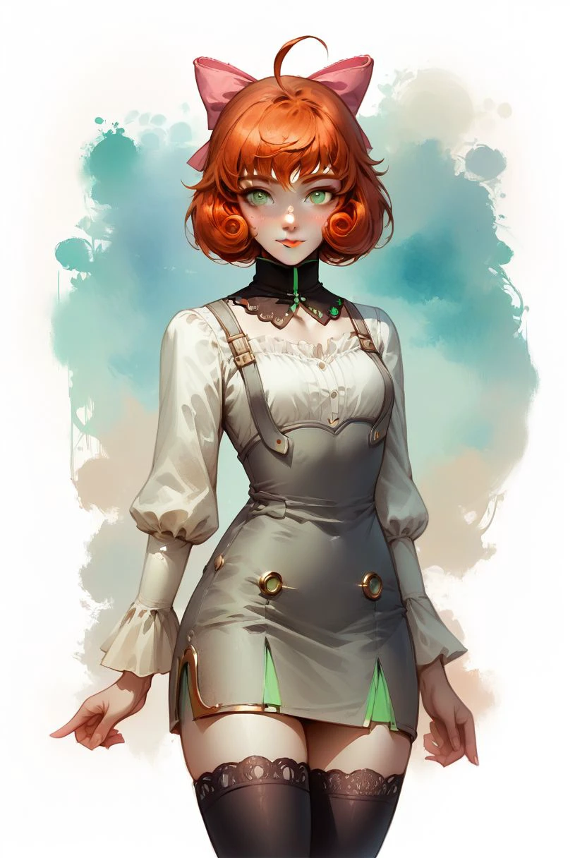 Faded Headshot, faded bottom, faded edges ,score_9,score_8_up,score_7_up,score_6_up,score_5_up,
1girl, Penny Polendina, \(RWBY\),(ultra HD quality details), green eyes, ginger hair,
short hair, 
gorget, grey dress, short dress, pencil skirt, neon trim, gold trim, white blouse, long sleeves, black thighhighs, pink bow,
perfect anatomy, perfect face, abstract beauty, beautiful, centered, looking at the camera, approaching perfection, dynamic, moonlight, highly detailed, watercolor painting, artstation, concept art, smooth, sharp focus, illustration, 
small breasts,