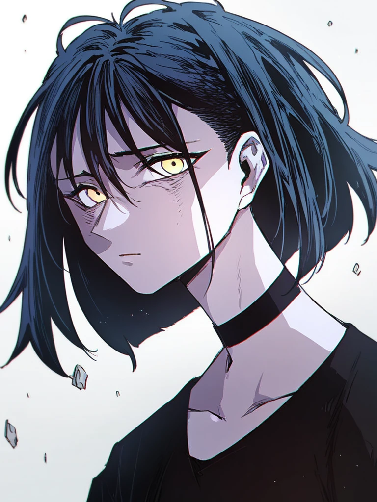 score_9, score_8_up, score_7_up, 
1girl, rosewood fox ludika, pale skin, yellow eyes, medium hair, black hair, bangs, 
black choker, black t-shirt, long sleeves, looking at viewer, frown, upper body,