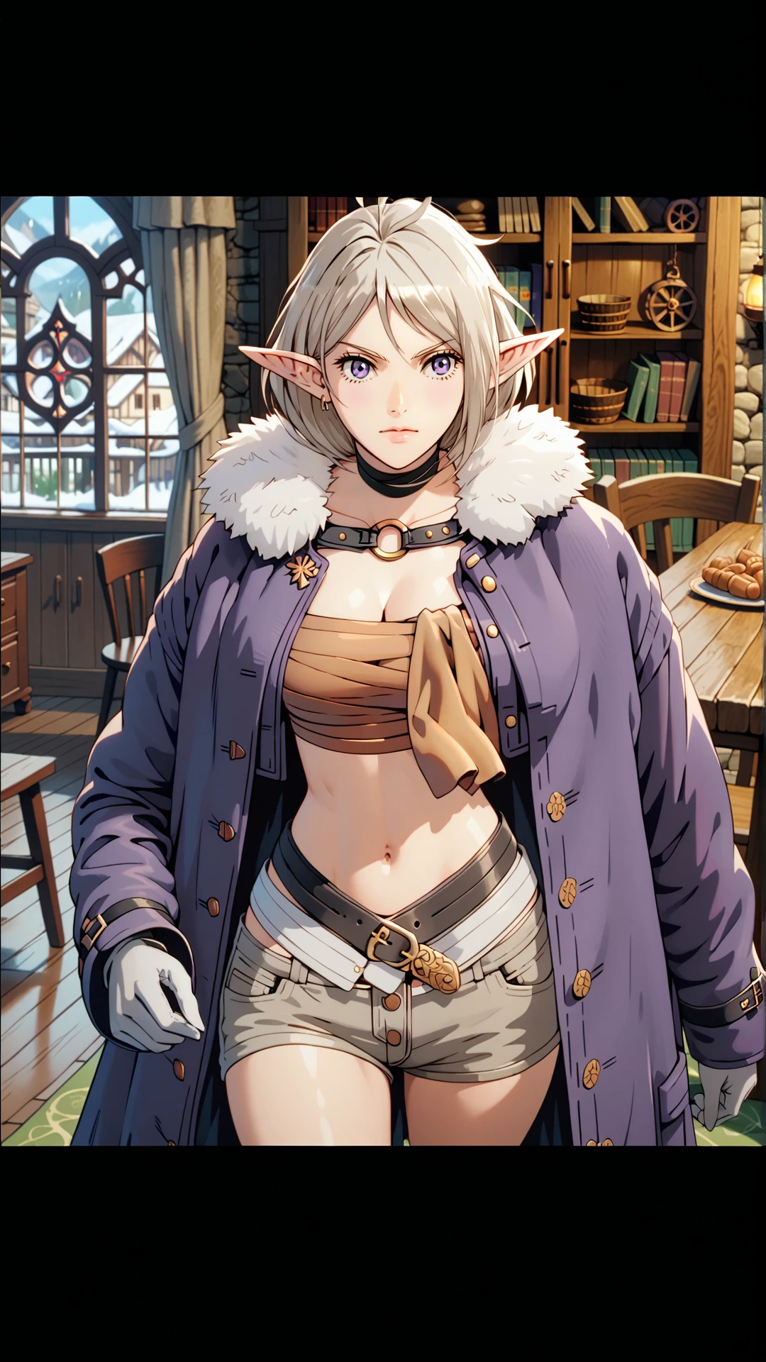 (zPDXL2), (((cowboy shot))), (((dynamic pose))), (((dynamic angle))), (((sehele style))), webtoon, anime, centered, 1girl, 1woman, marrite, white hair, purple eyes, black choker, brown sarashi, o-ring, detached sleeves, purple coat, fur trim, gray shorts, gloves, elf, navel, indoors,  ((indoors, medieval fantasy background)), <lora:sd_xl_dpo_lora_v1:1>, <lora:OMG-Is-DucHaiten_v1.0:0.1>, <lora:Seunghee_Lee_Style_PDXL:1>,  <lora:Marguerite_PonyXL:0.8>