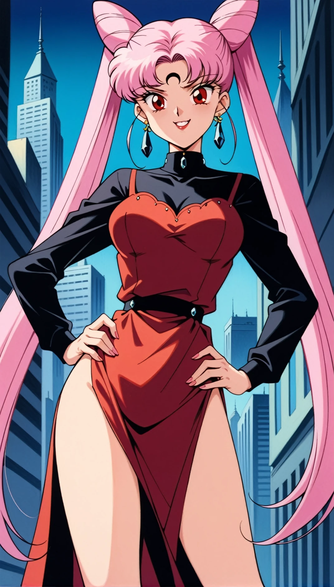 masterpiece,best quality,very aesthetic,ultra detailed,intricate details,<lora:Black Lady1:0.8>,1990s \(style\),Black Lady1,1girl,solo,pink hair,cone hair bun,long hair,hair bun,double bun,red eyes,twintails,very long hair,side slit,dress,facial mark,crescent,jewelry,earrings,crystal earrings,forehead mark,city,evil smile,hands on own hips,cowboy shot,