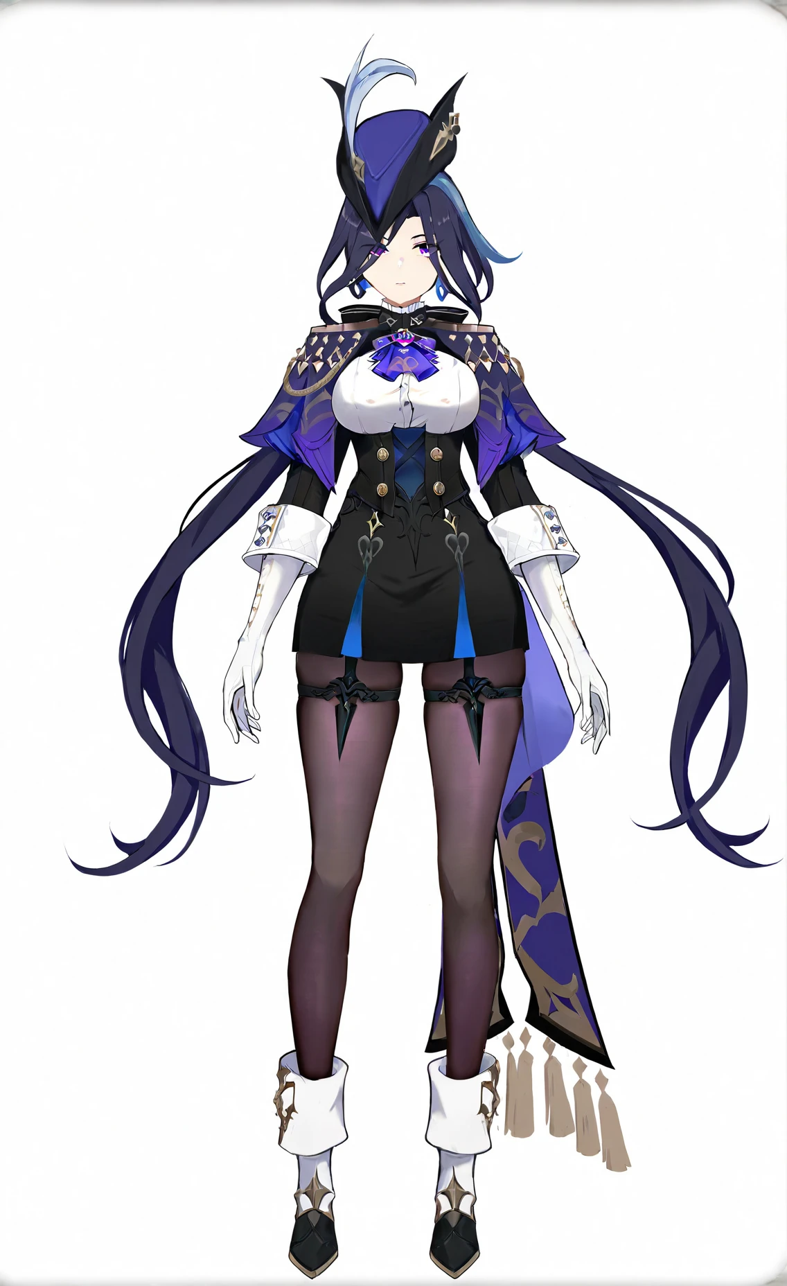8k, best quality, masterpiece, (ultra-detailed), (high detailed skin), (white background:1.5),
(full body), (white background), standing, looking at viewer, (solo),
<lora:keluo-A3-Tanger:0.8>, Clorinde, def clothes, 1girl, gloves, pantyhose, hat, purple eyes, white gloves,
full_shot,