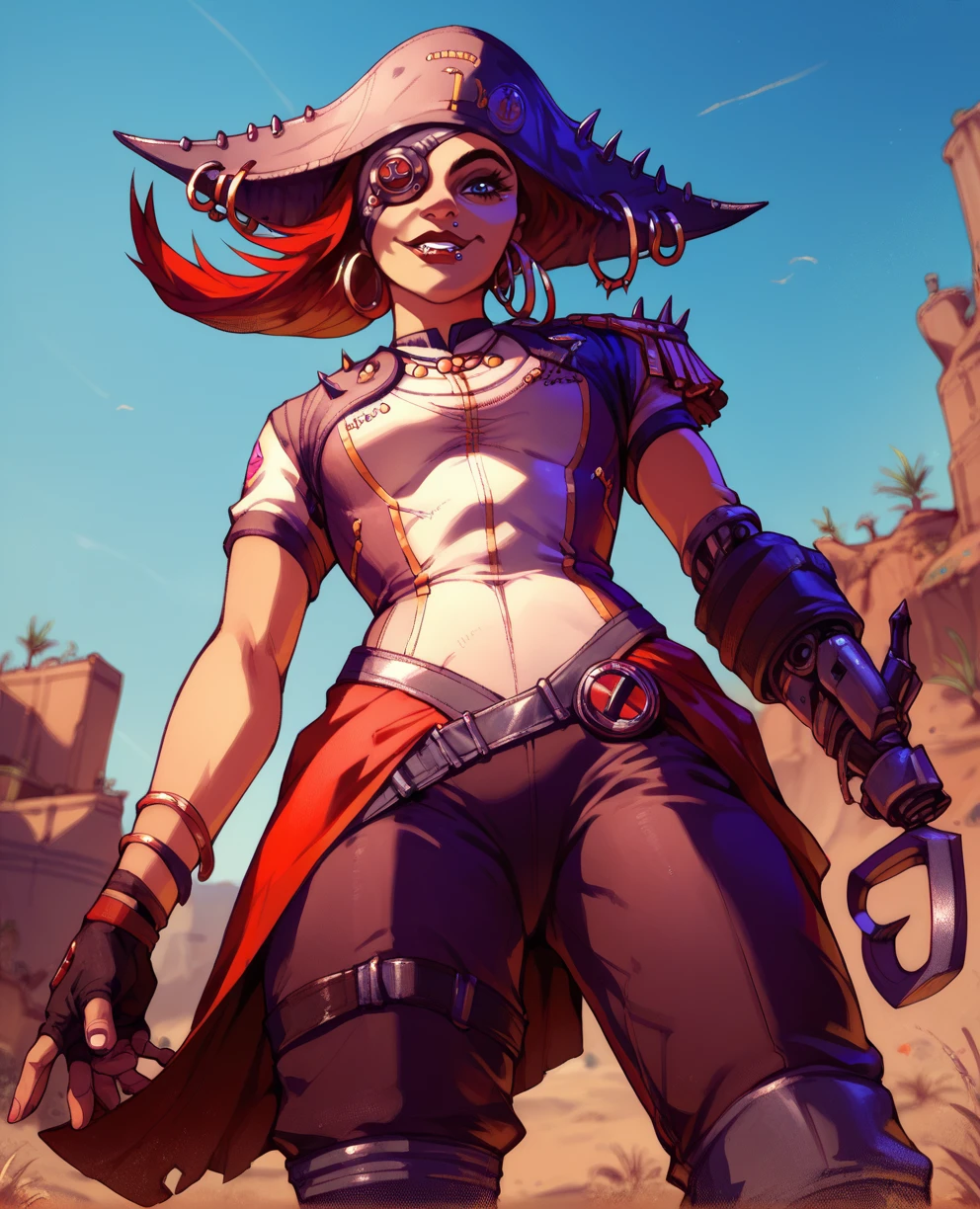 score_9,score_8_up,score_7_up,score_6_up,scarlettxl,blue eyes,eyepatch,red hair,lip piercing,lipstick,left prosthetic hook hand,fingerless glove,hoop earrings,pirate hat,uniform,short sleeves,from below,
light smile,solo,desert,pirate ship,<lora:CaptainScarlettXL:0.8>,