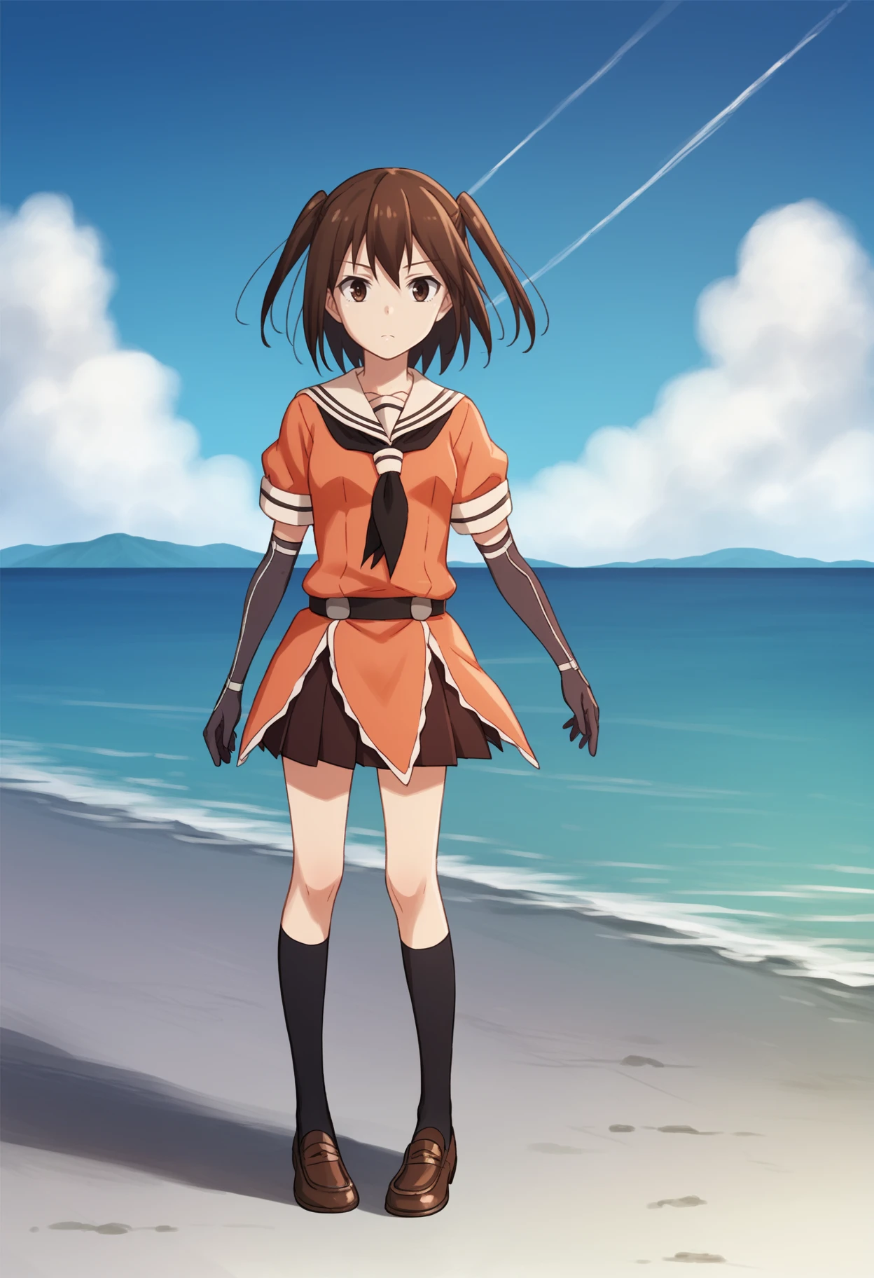 score_9, score_8_up, score_7_up, score_6_up, score_5_up, score_4_up, BREAK, source_anime,
1girl, sendai \(kancolle\), bangs, brown eyes, brown hair, two side up, short hair,
neckerchief, elbow gloves, loafers, pleated skirt, sailor collar, school uniform, serafuku, kneehighs, black socks, shoes,
full body, contrapposto, solo, looking at viewer, blue sky, water, sea background  <lora:SendaiXL:1>