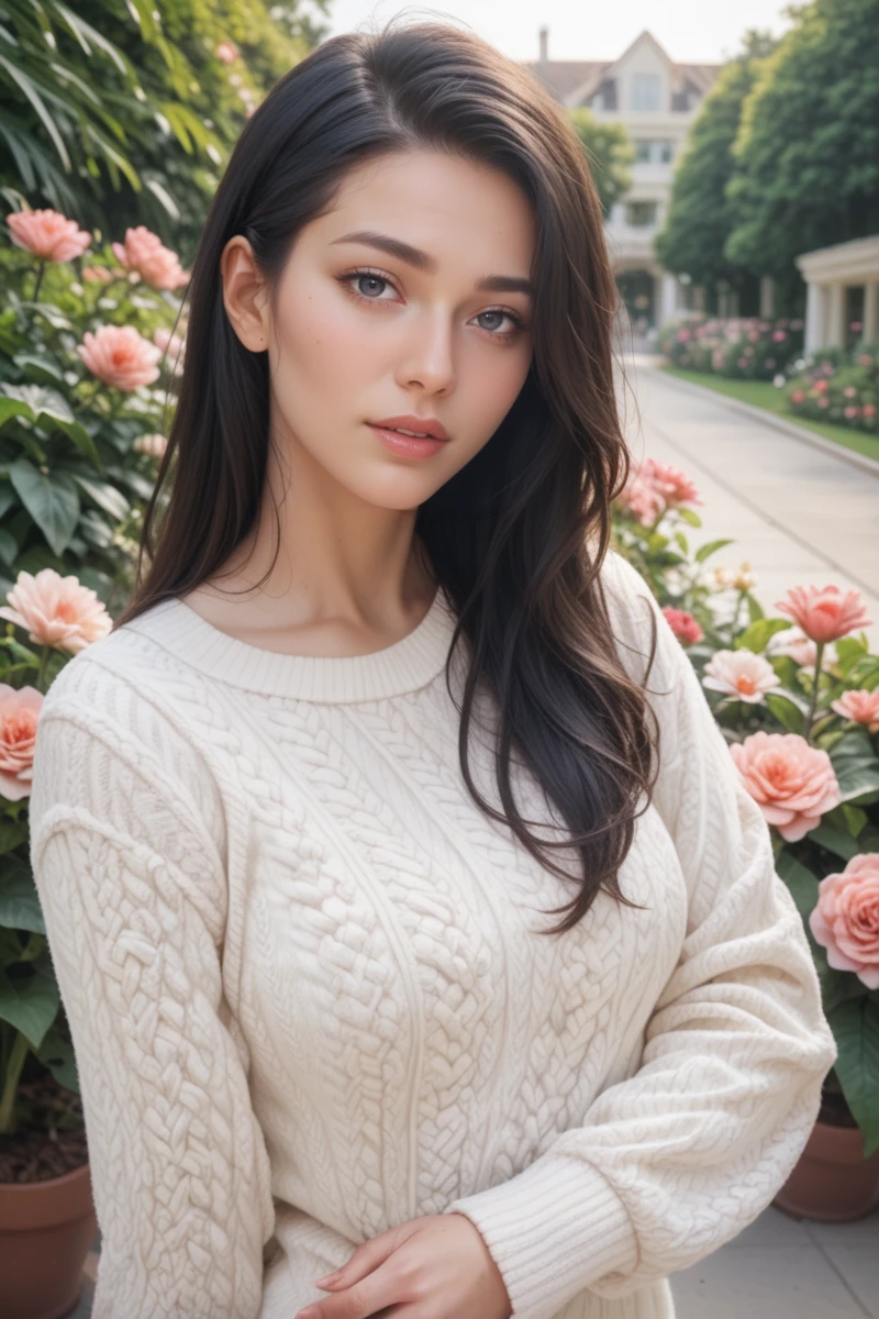 score_9,score_8_up,score_7_up, 20 years old, 8k, hd, beautiful girl, black hair, long hair,
1girl, beautiful woman's face, sweater, outdoors, flower garden, cinematic light, looking at viewer, upper body,