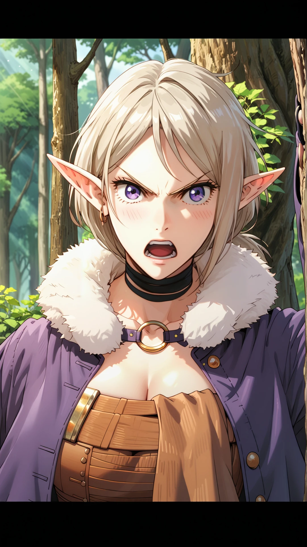 (zPDXL2), (((close up portrait))), (((sehele style))), webtoon, anime, centered, 1girl, 1woman, marrite, cleavage, white hair, purple eyes, black choker, brown sarashi, o-ring, [purple coat], fur trim, elf, angry, open mouth, outdoors, forest, ((outdoors, medieval fantasy background)), <lora:sd_xl_dpo_lora_v1:1>, <lora:OMG-Is-DucHaiten_v1.0:0.1>, <lora:Seunghee_Lee_Style_PDXL:1>,  <lora:Marguerite_PonyXL:0.8>,