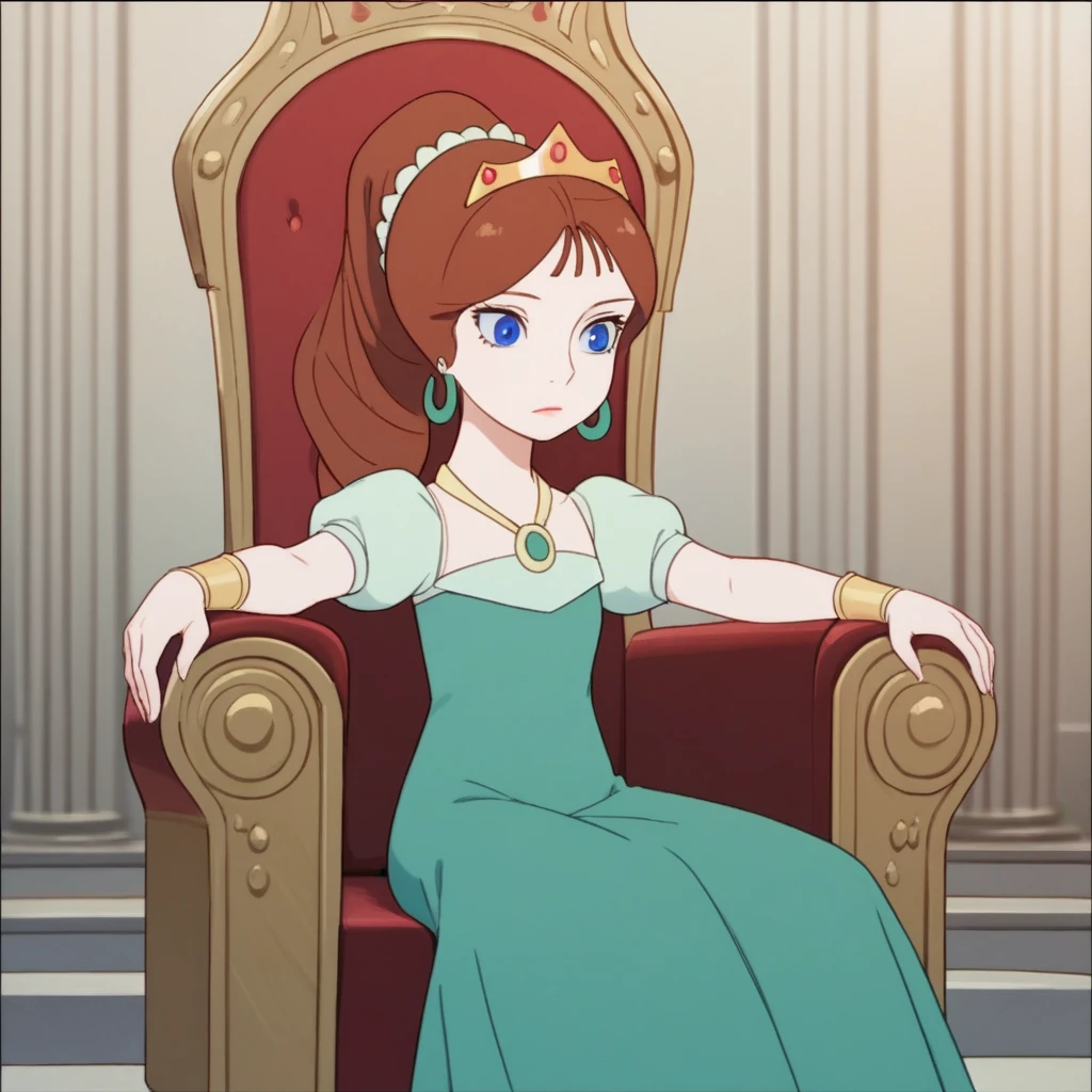 score_7_up, BREAK,   PrincessCamille, 1girl, solo, long hair,  brown hair, ponytail, blue eyes, tiara, crown, earrings, necklace,   green dress, short sleeves, puffy short sleeves,   <lora:PrincessCamille_LittleNemo_PXL_Leaf1:0.8>, sitting on throne