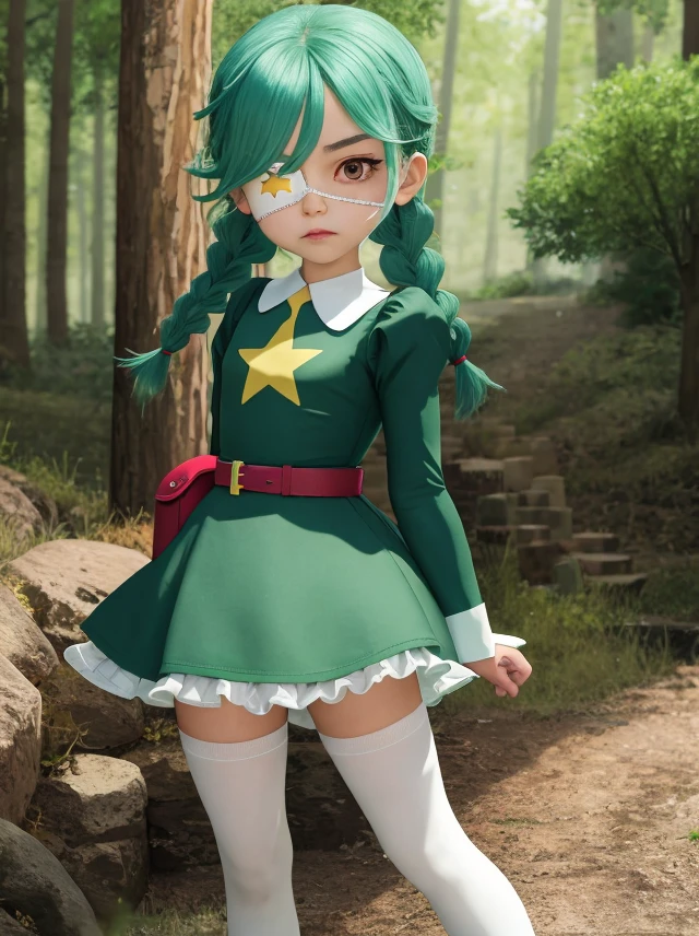 masterpiece, best quality, sgannie, 1girl, yellow eyes, eyepatch, green hair, braid, twin braids, green dress, dress, long  sleeves, puffy sleeves, belt, pouch, belt pouch, star, white bloomers, green thighhigh, boots, green boots, zettai ryouiki, standing, expressionless, forest <lora:annie-v2:1>