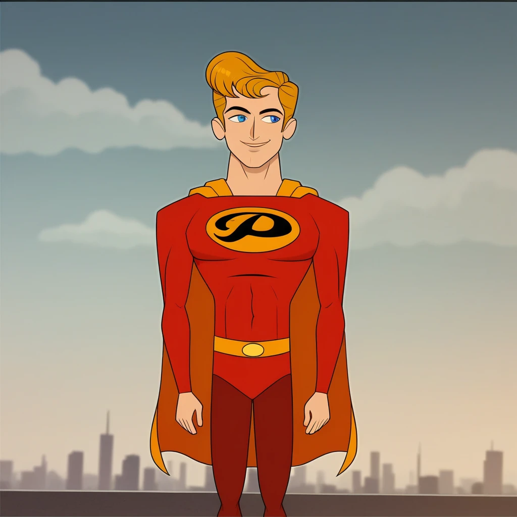 score_8_up, BREAK,   PerfectMan, 1boy, solo, blonde hair, blue eyes, superhero, cape, red bodysuit. long sleeves,   <lora:PerfectMan_TheAwesomes_PXL_Leaf1:0.8>, cowboy shot, outdoors,  smile,  brown tights, arms at sides,