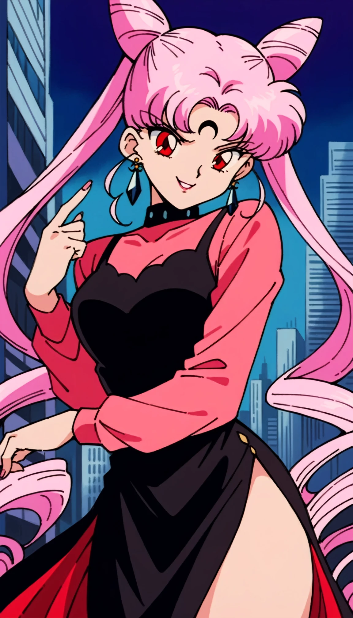 masterpiece,best quality,very aesthetic,ultra detailed,intricate details,4k,1990s \(style\),<lora:Black Lady1:0.8>,Black Lady1,1girl,solo,pink hair,cone hair bun,crescent facial mark,long hair,hair bun,side slit,dress,double bun,red eyes,facial mark,crescent,jewelry,twintails,earrings,very long hair,crystal earrings,forehead mark,evil smile,cowboy shot,looking at viewer,city,