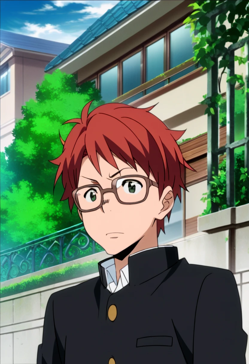 score_9, score_8_up, score_7_up, score_6_up, highly detailed, masterpiece, best quality,detailed,intricate details, amazing quality, best aesthetic, absurdres, irie_pr, green eyes, glasses, 1boy, male focus, solo, school uniform, red hair, gakuran<lora:EMS-391474-EMS:1.000000>