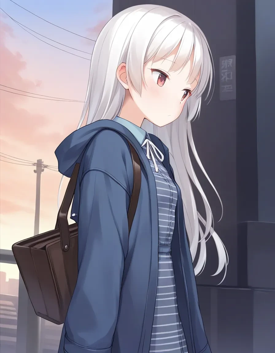 score_9, score_8_up, score_7_up, score_6_up,score_5_up,score_4_up, 1girl looking to the side, from side, long hair, sleeves past wrists, jacket, striped clothes, closed mouth, blush, red eyes, bag, white hair, gray dress, long sleeves, blue jacket, very long hair, sky, collared shirt, shirt, outdoors, striped dress, sleeves past fingers, frills, frilled dress, collared dress, open clothes, open jacket, blue dress, blue shirt,
<lora:yone_kinji_style_pony6_v2-000028:.8>