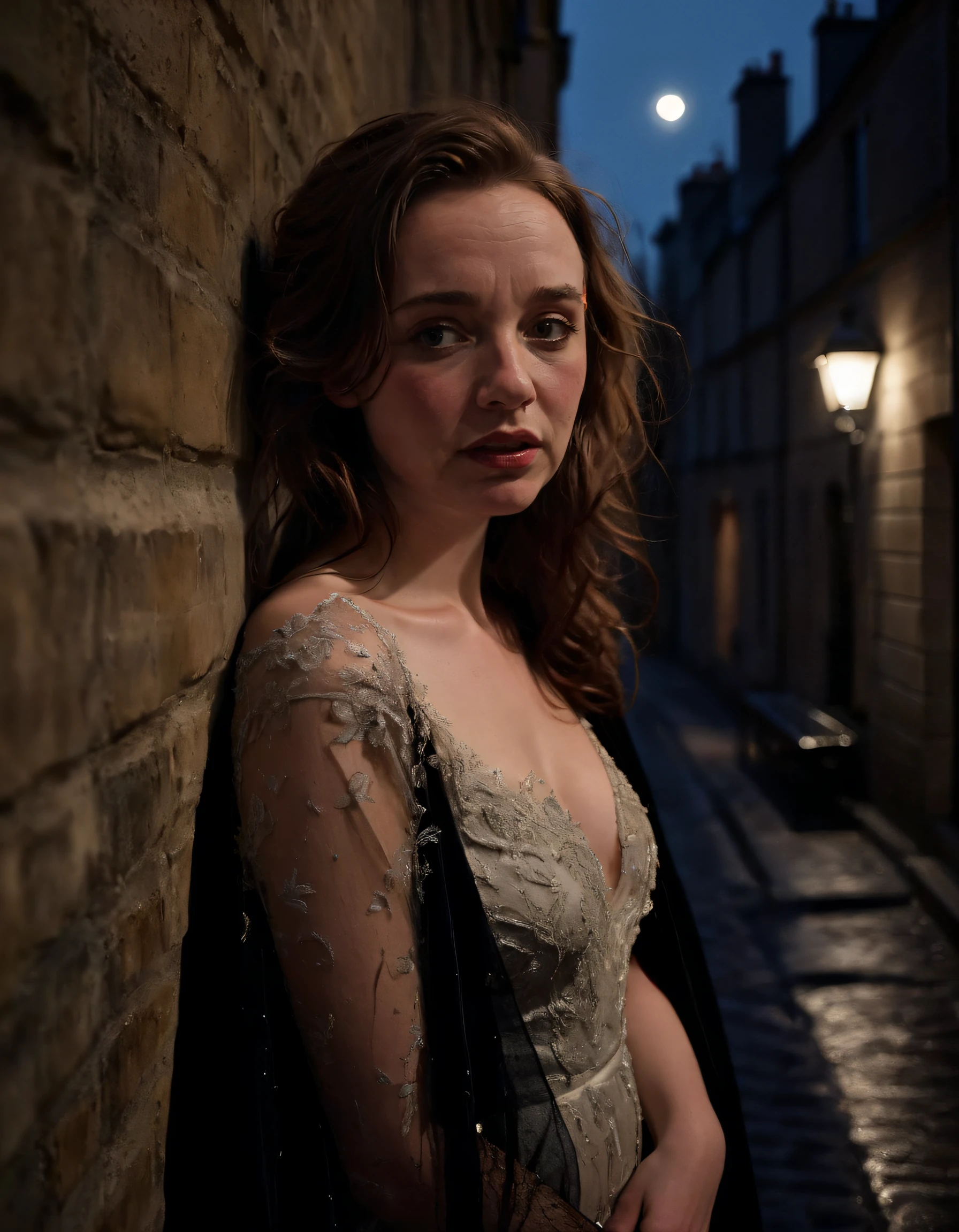 In the twilight of a misty, moonlit Parisian alleyway, Harriet Slater, a mysterious woman, her smoky eyes gleaming under the soft, romantic glow of a nearby streetlamp, strikes a sultry pose as she leans against the worn, weathered brick wall, her raven silk hair cascading like a waterfall over her shoulders, her crimson lips parted slightly in an enigmatic smile, her fingers tracing delicate patterns on the cold stone, her ivory gown embroidered with shimmering silver threads accentuated by a dramatic black velvet cape swirling around her like a ghostly veil, creating an air of mystery and intrigue that is only heightened by the distant echoes of a haunting jazz melody drifting from a dimly lit café down the street. <lora:hkvgjv18fe81252abn97f:1>