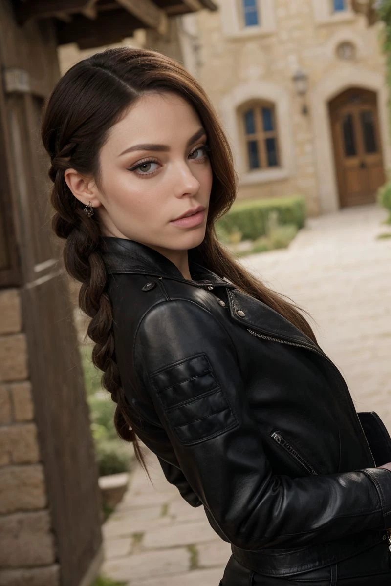 photo of S436_ClaraMia,a stylish woman,in an (ancient-village:1.1),wearing a (leather-jacket),(pants),(braid),(4k, RAW photo, best quality, 50mm, depth of field, ultra high res:1.1),(intricate, photorealistic, cinematic-shot, masterpiece, ultra-detailed:1.1),