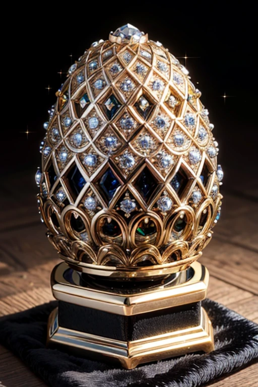 ((amazing faberge egg-shaped diamond , glittering facets, intricate details, silver filigree, magnificent art object, sitting on black velvet, cinematic lighting)) ((ultra-HD-Details))