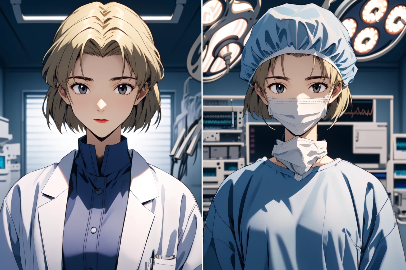 (RAW photo, best quality),  
 <lora:concept_doctor_two_panes_1_1:1> surgeon_two_panes, side by side,
 <lora:evangelion_ritsuko_akagi_v2_2:0.9> ritsuko akagi