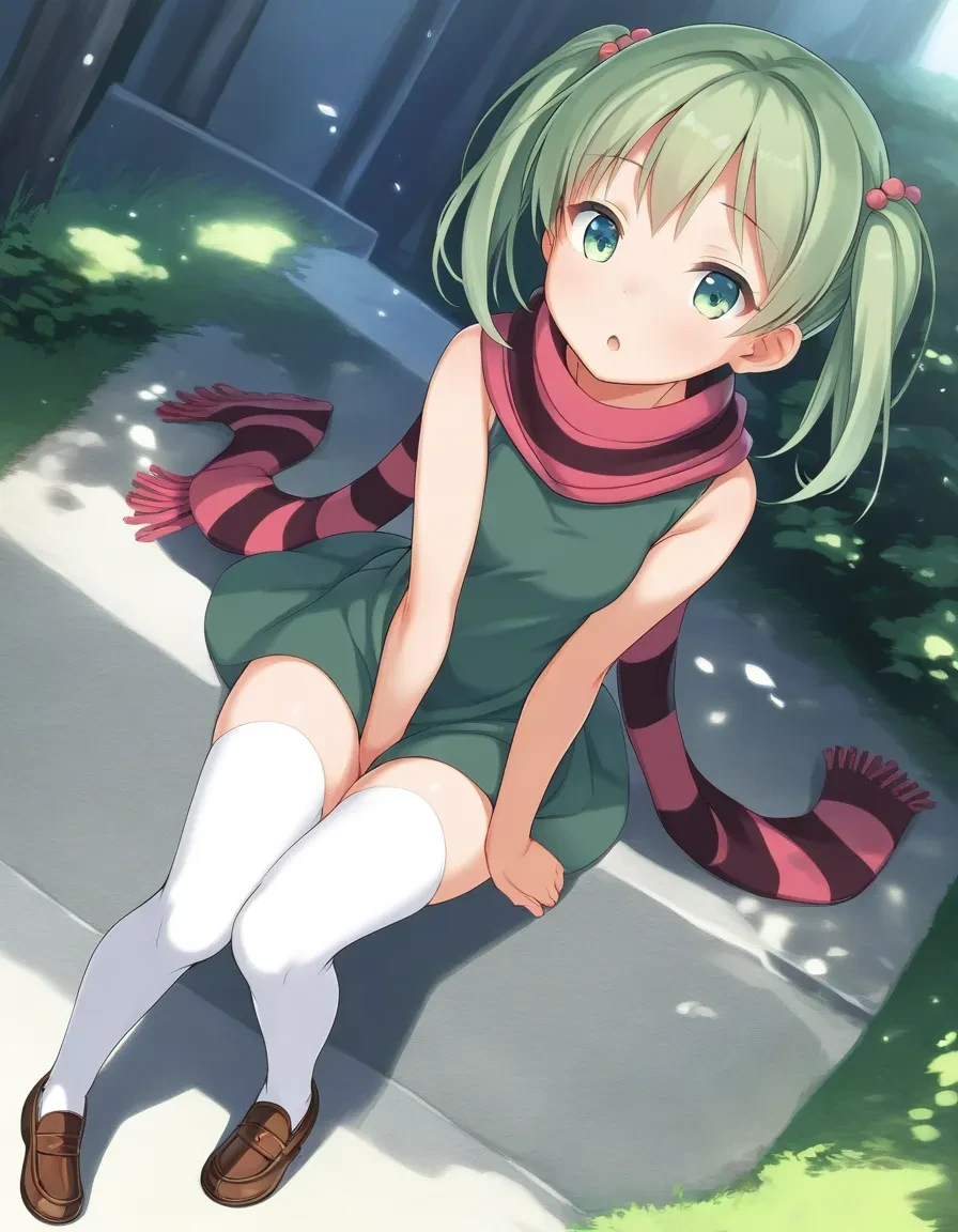 score_9, score_8_up, score_7_up, score_6_up,score_5_up,score_4_up, 1girl, twintails, red shrug, green hair, green eyes, dutch angle, looking at viewer, tanlines, pink striped scarf, green dress ,sleeveless dress, head tilt, dappled sunlight, white thighhighs, open mouth, long scarf, head tilt, loafers, sleeveless,
<lora:yone_kinji_style_pony6_v2-000028:.6>