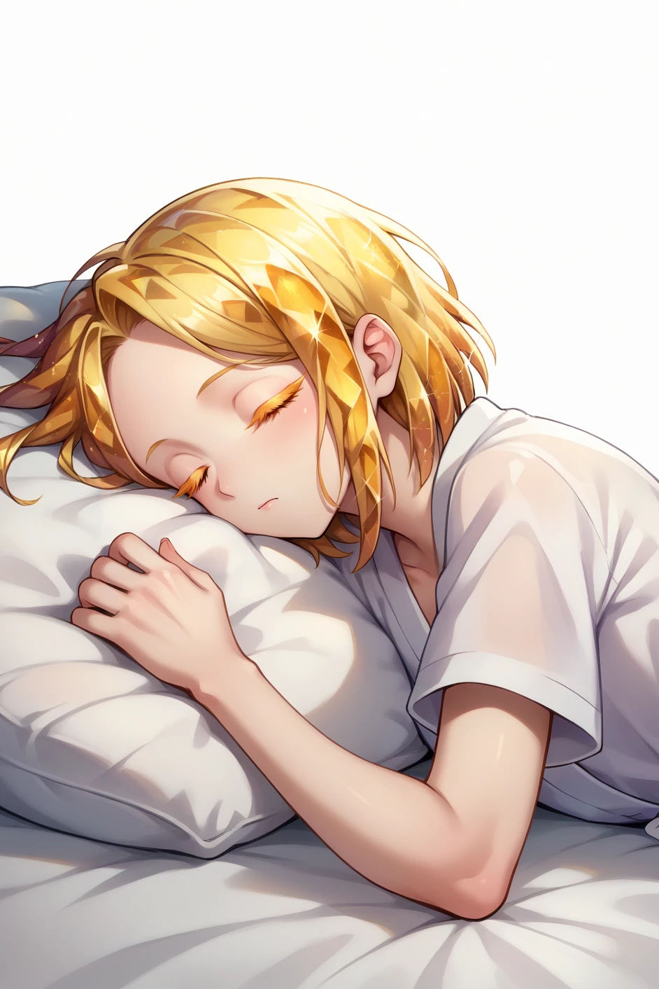 score_9, score_8_up, score_7_up, source_anime, closed eyes, hskylw, medium hair, crystal hair, colored eyelashes, white skin, white bathrobe, sleeping, lying, on side, <lora:Hoseki_HousekiNoKuni_YellowDiamond_PDXL_v1:1>