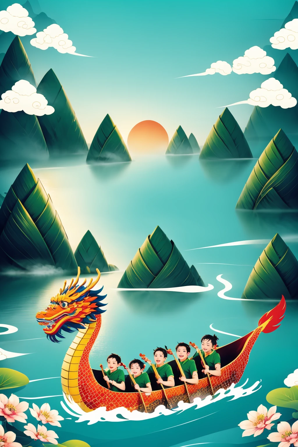 <lora:AgainDragonBoatFestival:1>,AgainDragonBoatFestival, DragonBoatFestival, 1girl, black hair, dragon, multiple boys, mountain, eastern dragon, cloud, sun, short hair, 2boys, water, sky, outdoors, smile, open mouth, flower, boat, holding, paddle, lake, horns, shirt, watercraft, green shirt, tree, hair bun, river, chinese zodiac, scenery, child, 1boy, year of the dragon,