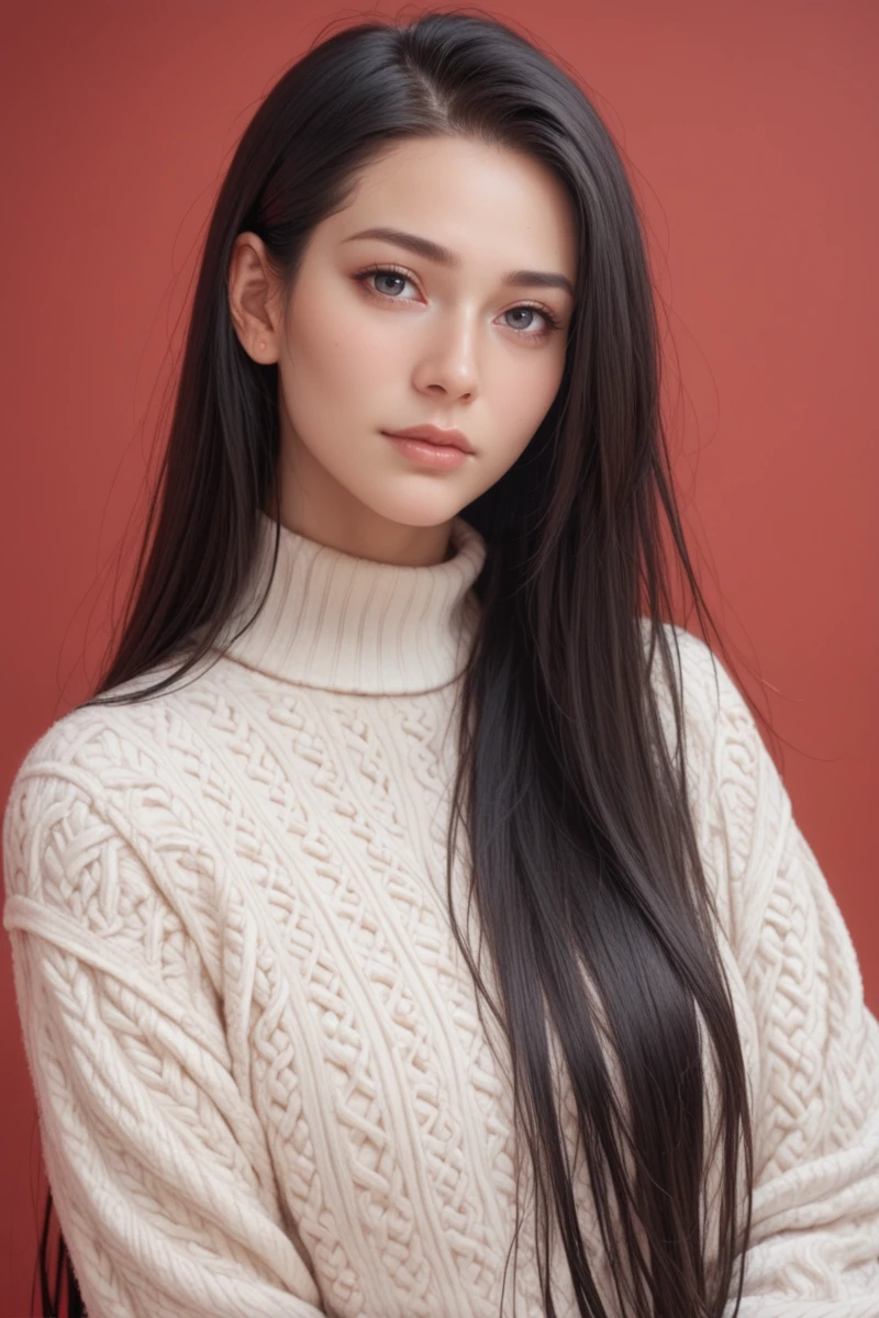 score_9,score_8_up,score_7_up, 20 years old, 8k, hd, beautiful girl, black hair, very long hair, straight hair, closed mouth,
1girl, detailed face, beautiful woman's face, sweater, red background, looking at viewer,