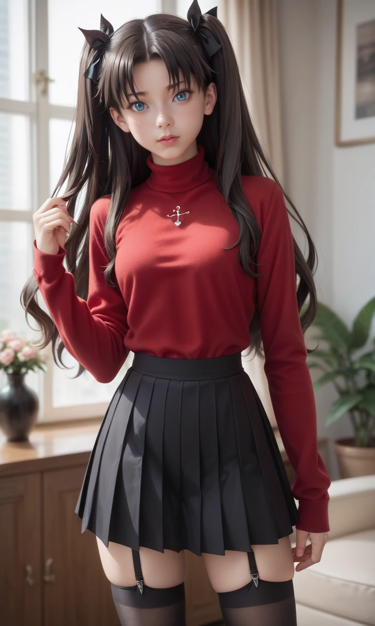 score_9, score_8_up, score_7_up, score_6_up, source ,rin_tohsaka, tohsaka rin, ruby gem, dark hair, long hair, black hair, two side up, twin-tails, sweater, long sleeves, red sweater, thighhighs, garter straps, zettai ryouiki, black pleated skirt, indoors , masterpeice, best quality, very aesthetic, absurdres