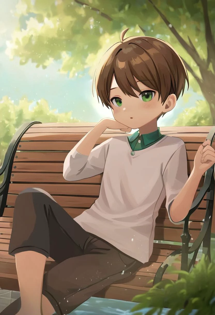 ((ultra-detailed)), ((best quality)), ((best quality)), ((beautiful eyes)), ((extremely detailed)), 4K, (8K), best quality, (beautiful), source_anime, 1boy, solo, male, green eyes, beautiful eyes, detailed eyes, brown hair, short hair, small body, relaxed expression, relaxing on a bench, park background, colorful, best quality, masterpiece, nai3, god light, detailed background, high quality background, omurice style