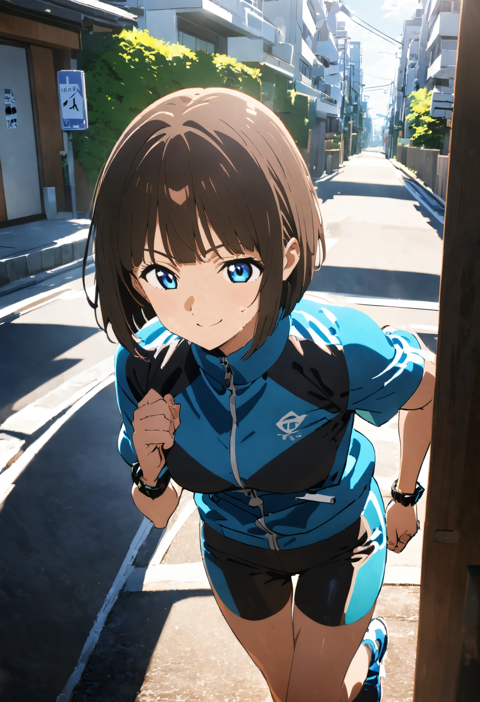 1girl, original, hirukawamaya, (solo:1.1), running, cownboy shot, athletic, medium breasts, blunt bangs, bob cut, futuristic black bracelet on right wrist,smile, fired up, determined,  sweat, blue track suit,  detailed ultra photorealistic suburb, shrot modern houses, street sign, Tokyo, noon, summer, cinematic angle, ,cinematic lighting, great lighting, perfect hands, detailed body, detailed shadows, anime artwork, anime style, key visual, vibrant, studio anime, highly detailed, newest, recent, anime coloring, masterpiece, best quality, very aesthetic, absurdres <lora:xl_more_art-full_v1:0.6> <lora:hand5:1>  <lora:hirukawamaya-000030:0.8> <lora:great_lighting:4> <lora:hinaMaybeBetterPoseXL_v2_rank32:0.4>