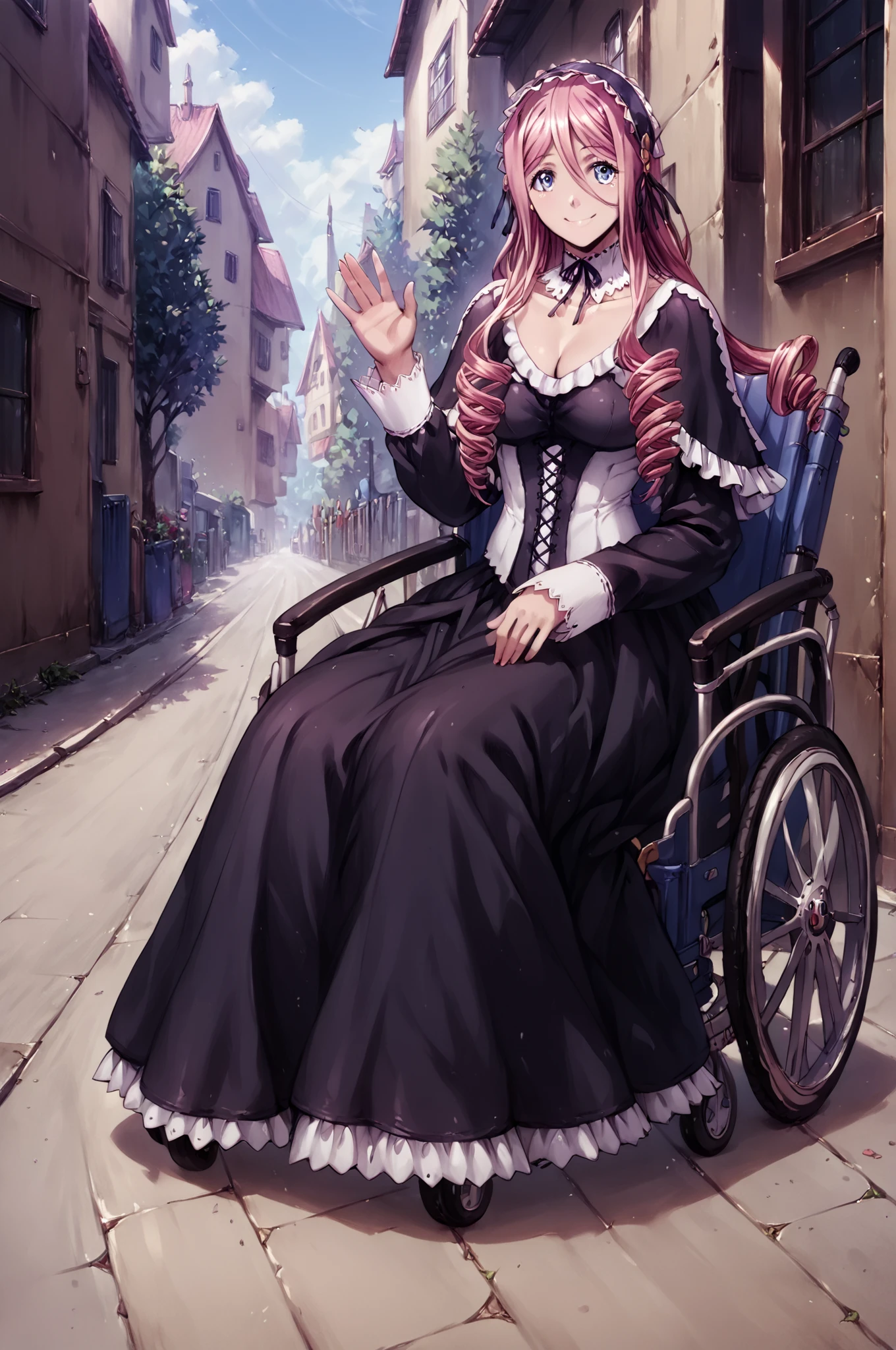 score_9, score_8_up, score_7_up, score_6_up, score_5_up, score_4_up,meroune_lorelei, headdress, pink_hair, drill_hair, sitting, mero_dress, smile, wheelchair, waving, 
<lora:meroV8-Pony150Dress100SwimNoother-000008:0.99>, (high quality, detailed, beautiful)