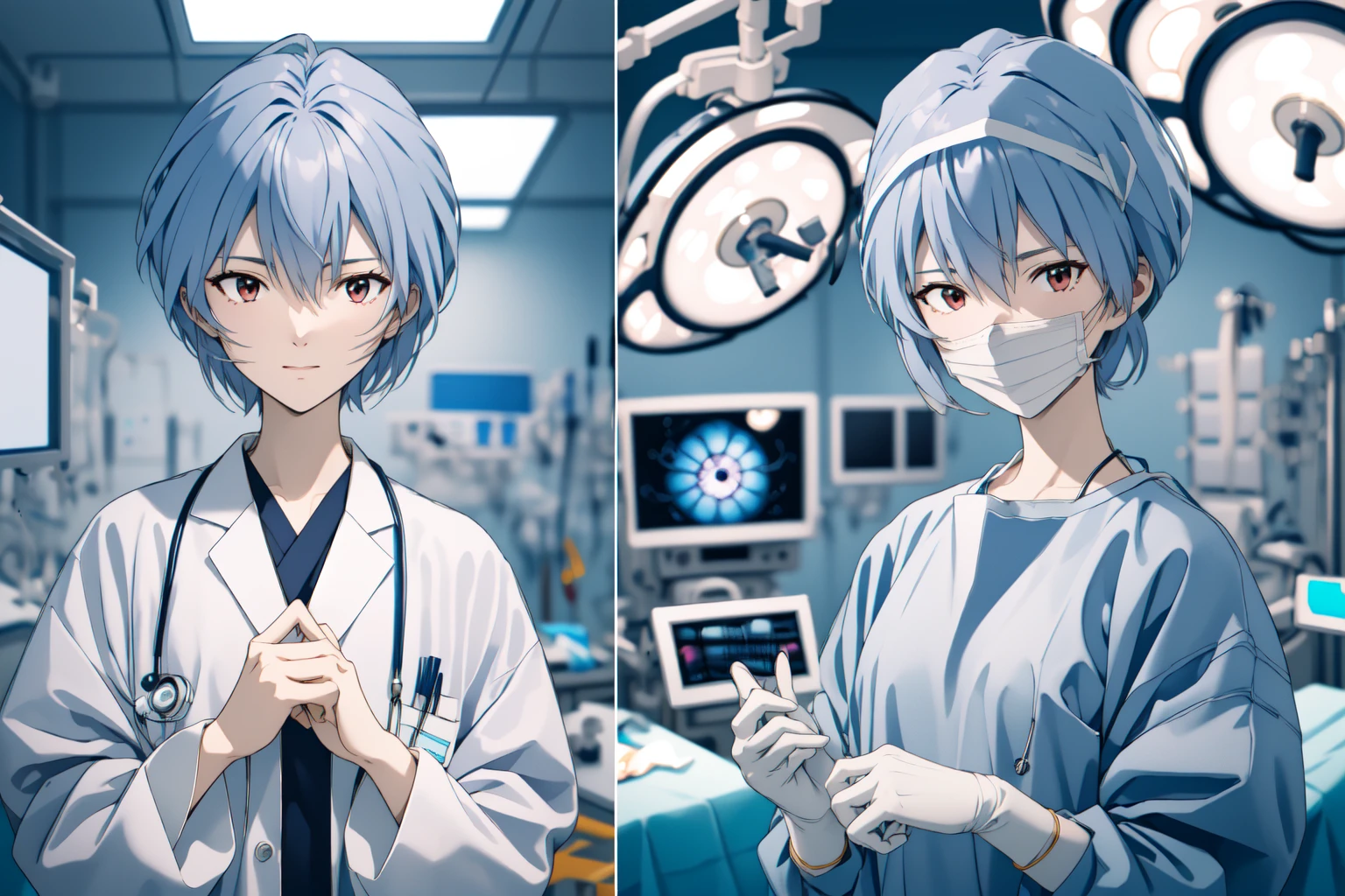 (RAW photo, best quality),  
 <lora:concept_doctor_two_panes_1_1:1> surgeon_two_panes, side by side,
 <lora:ayanami_rei_v1_2:1> ppayanamirei