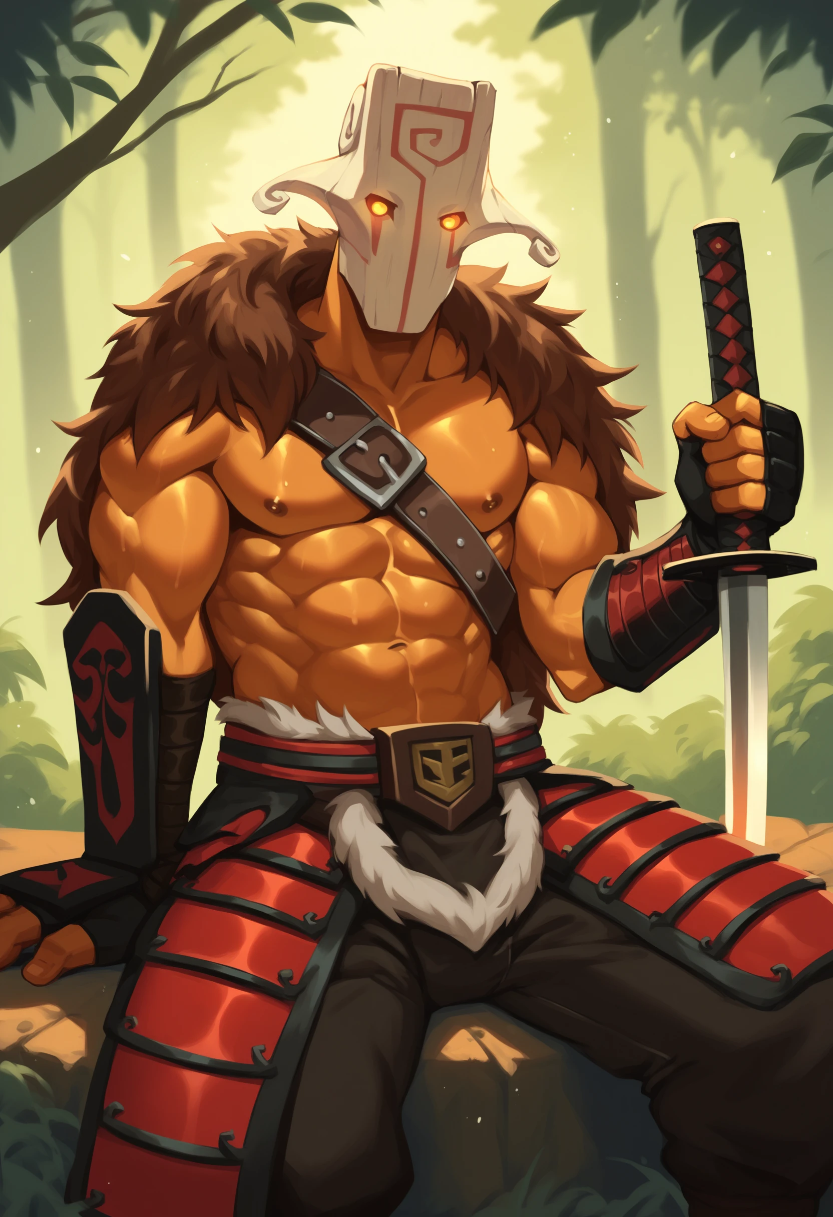 score_9, score_8_up, score_7_up, score_6_up, score_5_up, score_4_up, BREAK, 1boy, yurneropdxl, male, mask, muscular, solo, fur cape, pectorals, fingerless gloves, gauntlets, kusazuri, abs, bandolier, yellow eyes, belt, sitting, forest, looking at viewer, glowing eyes, holding sword, sword, <lora:YurneroTheJuggernaut:0.8>, <lora:PersonalAmi_PonyXL:1>