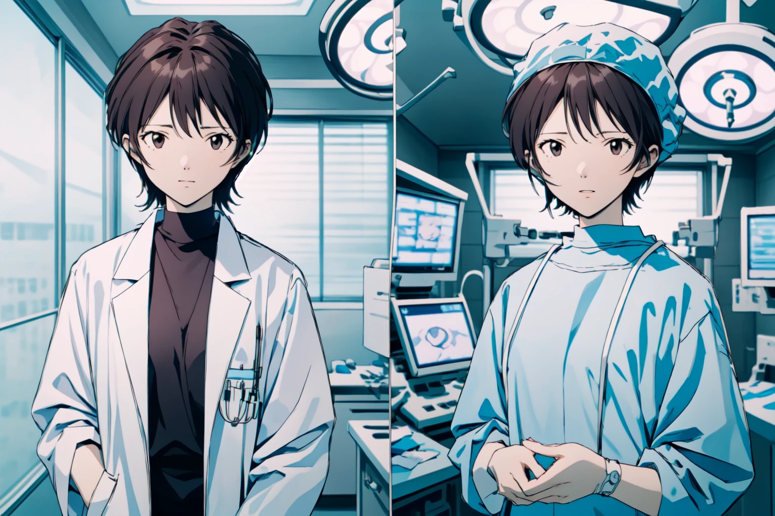 (RAW photo, best quality),  
 <lora:concept_doctor_two_panes_1_1:1> surgeon_two_panes, side by side,
 <lora:eva_yui_ikari_v2_2:1> yui ikari