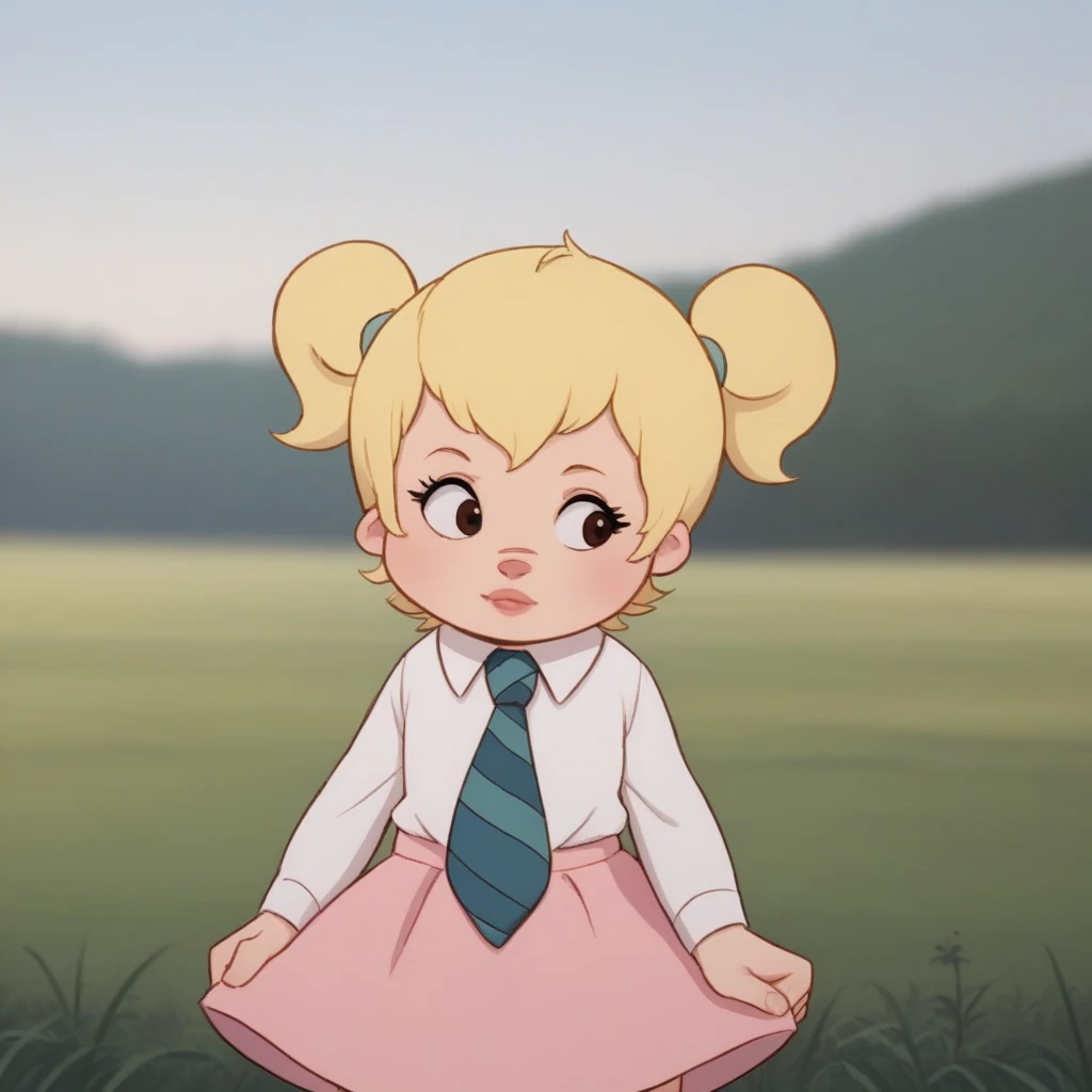 score_7_up, BREAK, Eleanor,  1girl, solo, blonde hair,  short twintails, white shirt, necktie, pink skirt,  <lora:Eleanor_Chipettes_PXL_Leaf1:1>, cowboy shot, outdoors, depth of field,